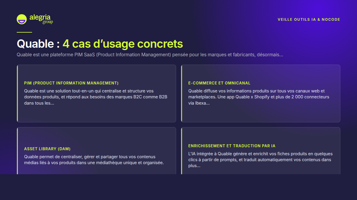 Quable est une solution PIM SaaS qui centralise, enrichit et diffuse vos données produits sur tous vos canaux, avec l'aide de l'intelligence artificielle.