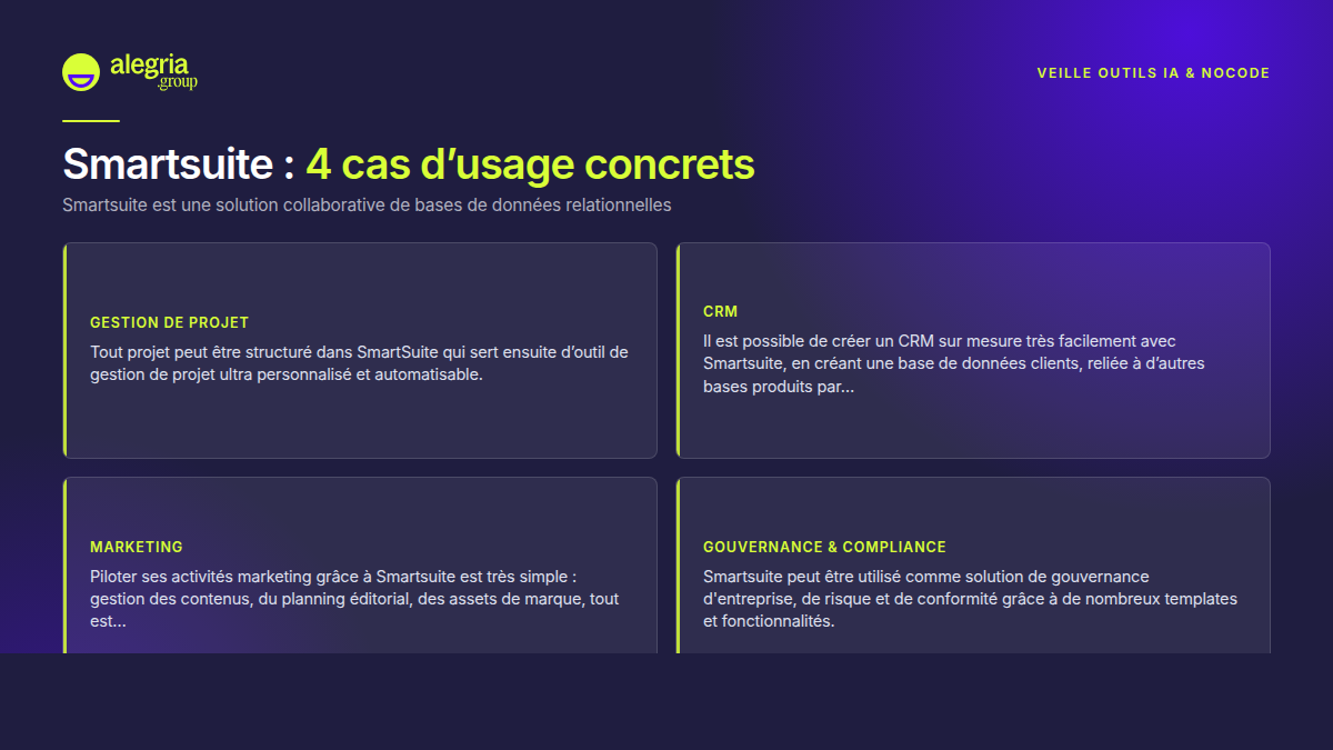 SmartSuite est une plateforme de gestion du travail collaboratif qui permet aux équipes de planifier, de suivre et de gérer les flux de travail.