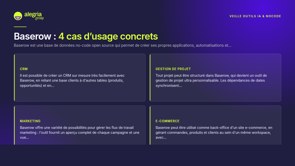 Baserow, la base de données no-code open source qui réunit données, applications, automatisations et IA en une seule plateforme.