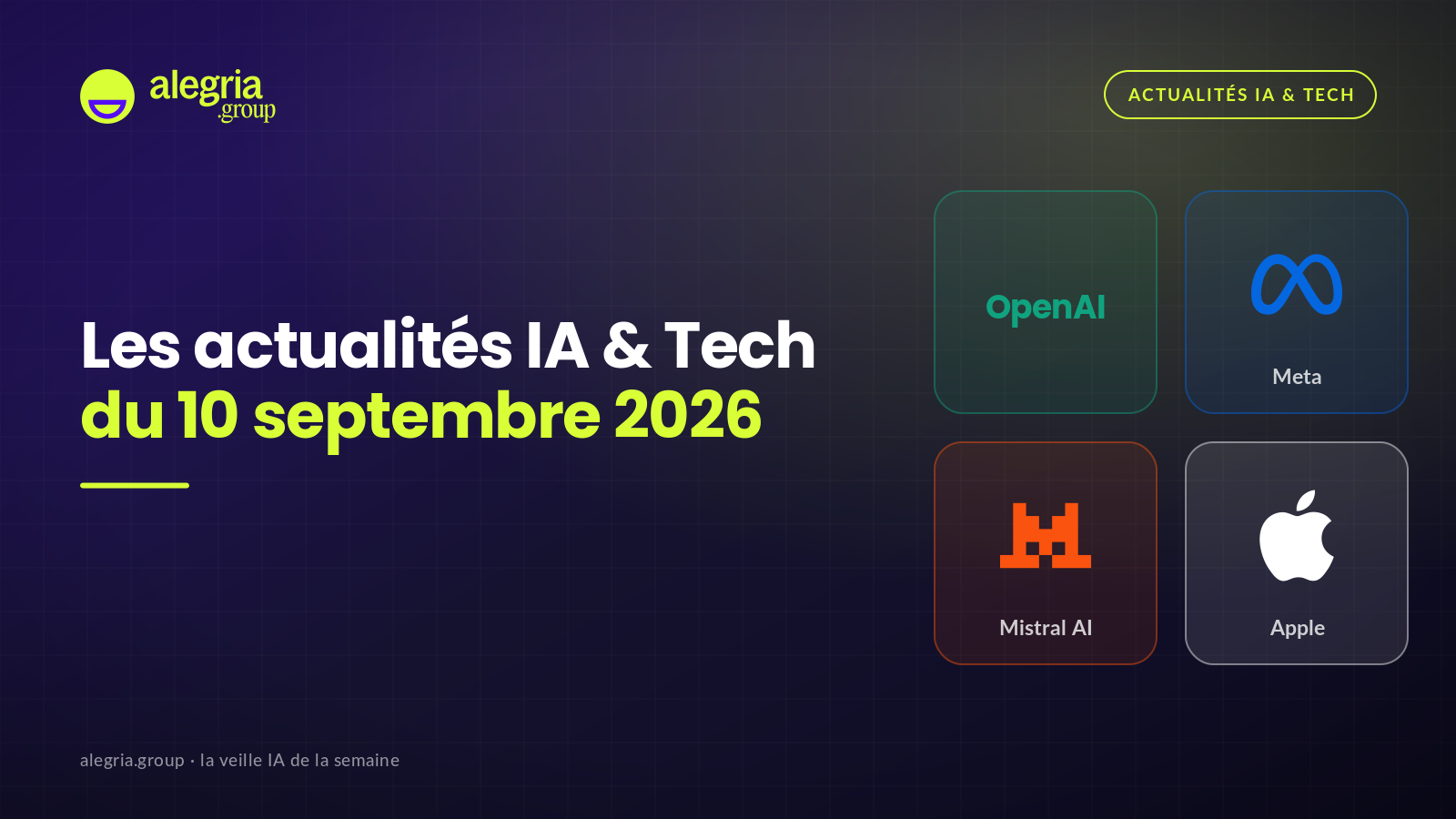 Cover Alegria.group des actualités IA et Tech du 10 septembre 2026, fond navy à accents lime, avec les logos OpenAI, Meta, Mistral AI et Apple.