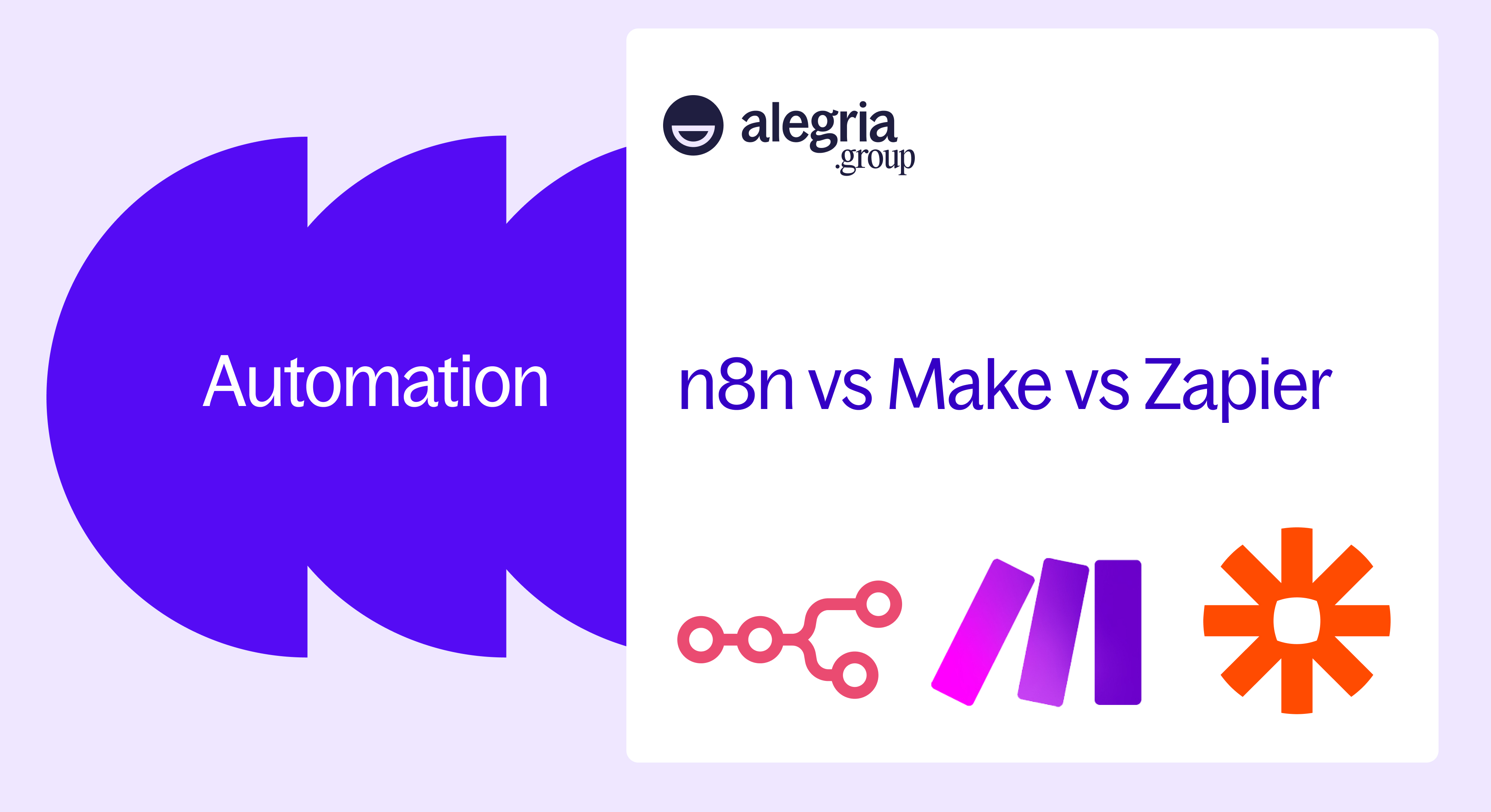 Visuel alegria.group : le mot Automation posé sur une forme violette, à côté d'une carte blanche titrée n8n vs Make vs Zapier et portant les trois logos, le graphe de nœuds de n8n, les barres inclinées de Make et l'astérisque orange de Zapier.