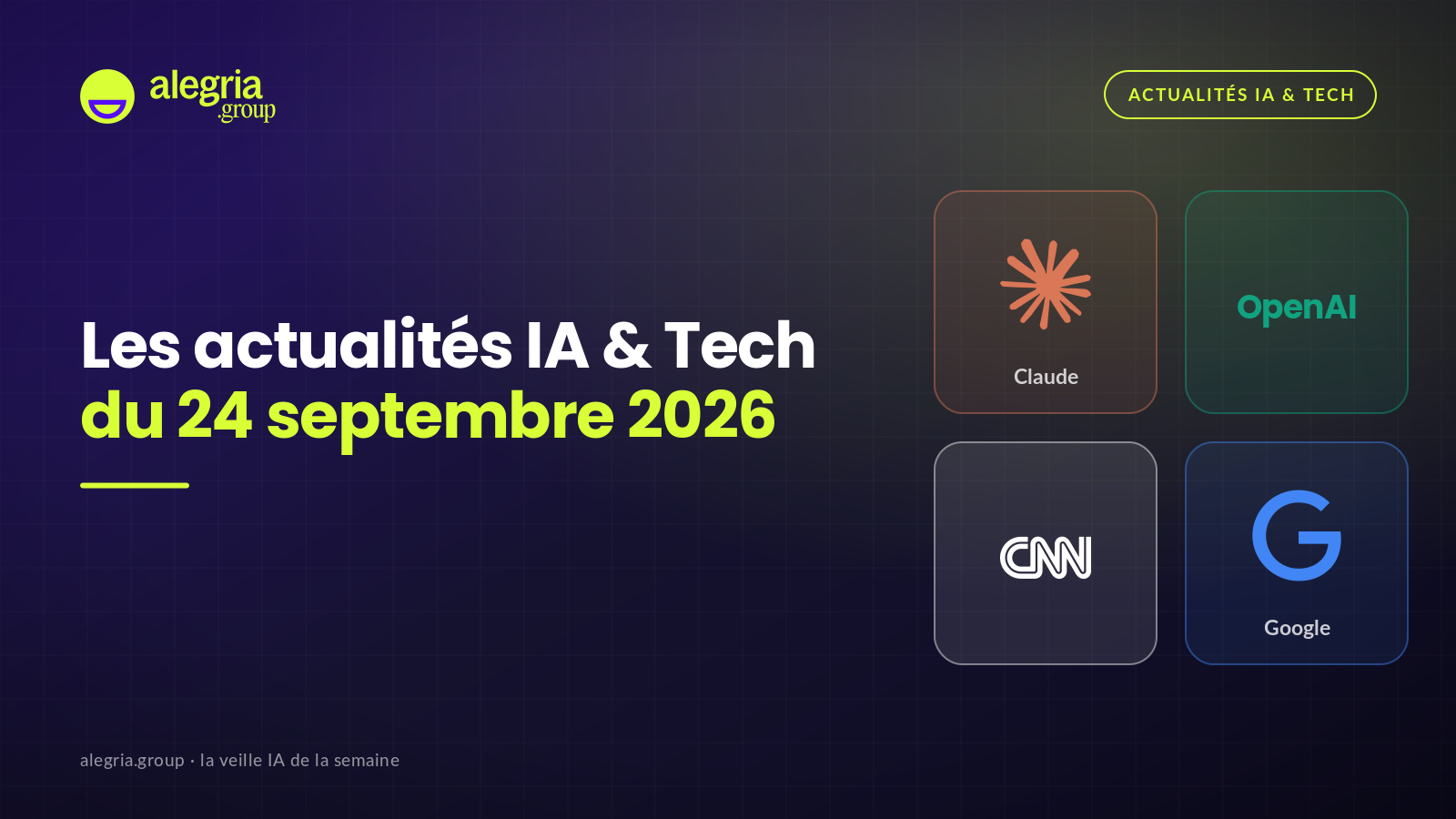 Cover des actualités IA et Tech du 24 septembre 2026, fond violet et navy, titre en blanc et lime, avec les logos Claude, OpenAI, CNN et Google.