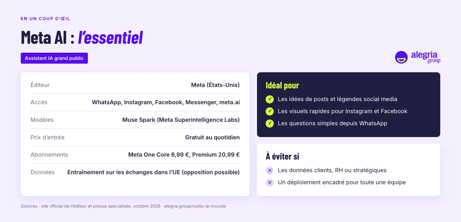 Meta AI en un coup d’œil : éditeur, prix, données, idéal pour et à éviter