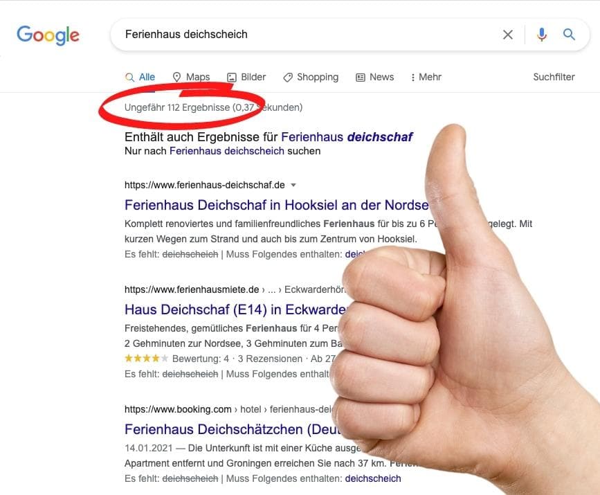 Google Suchergebnisseite wenige Ergebnisse zu Ferienhaus-Namen