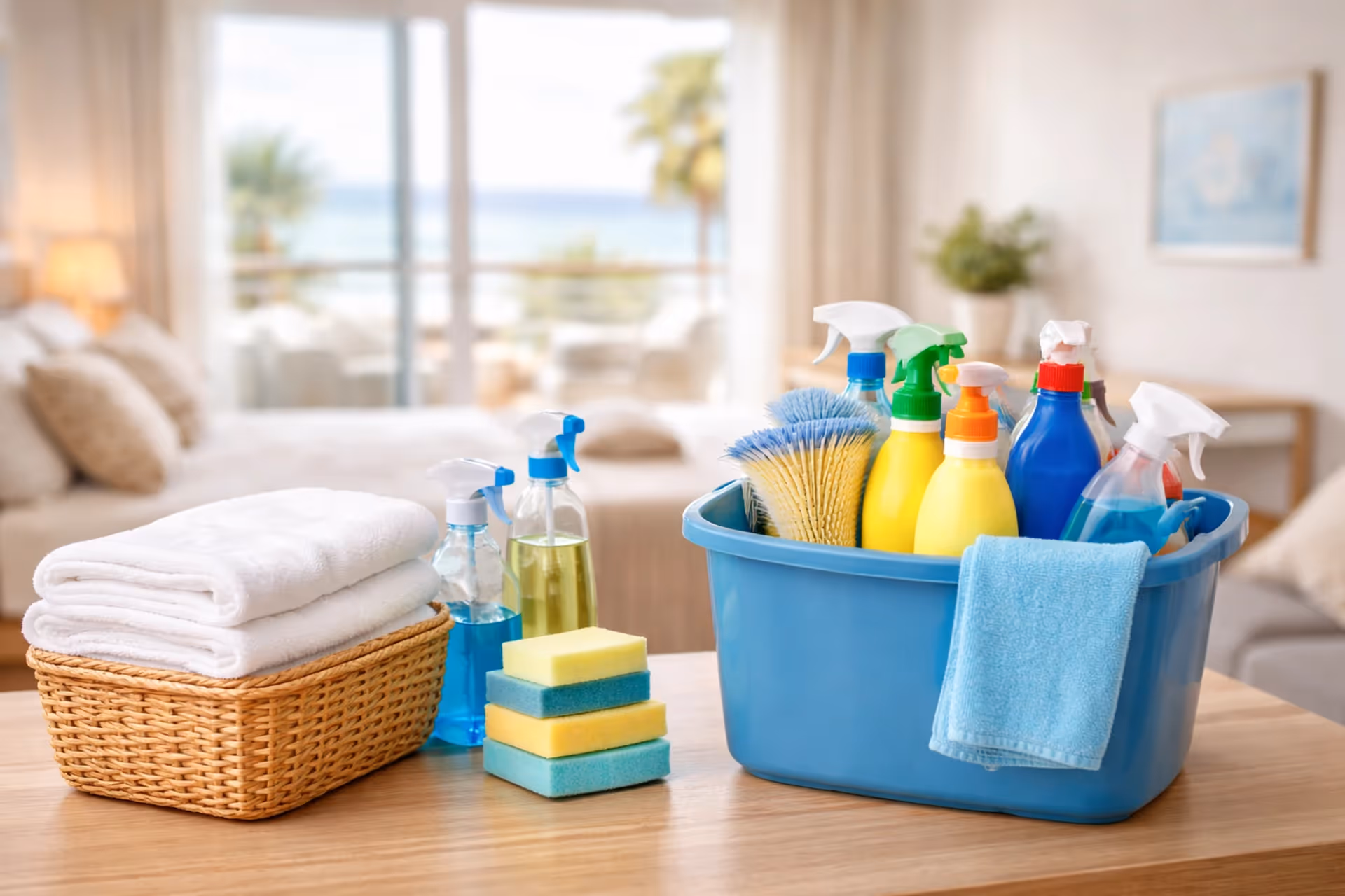 Reinigungsmittel und Handtücher für die Reinigung einer Ferienwohnung nach Gästewechsel