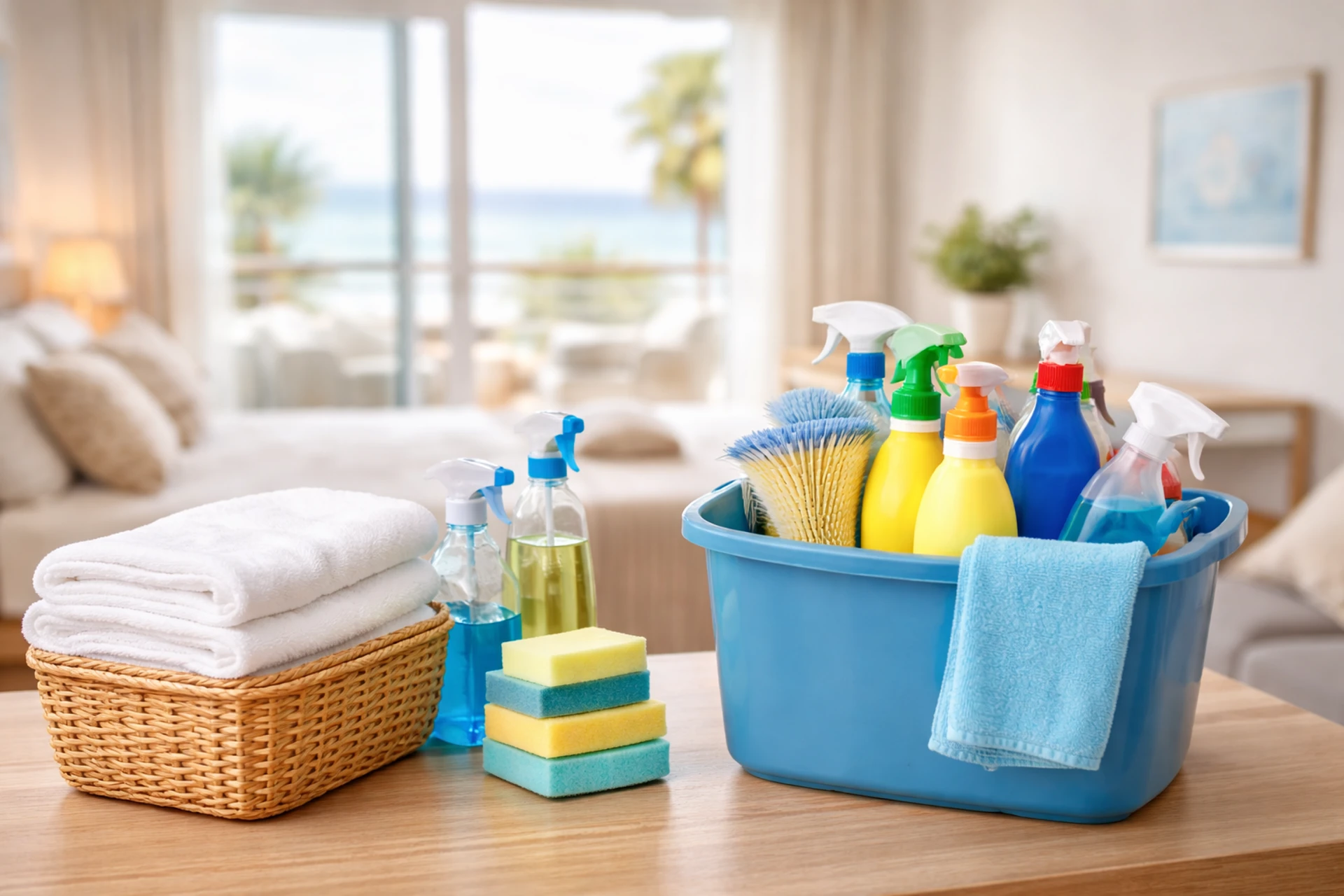 Reinigungsmittel und Handtücher für die Reinigung einer Ferienwohnung nach Gästewechsel