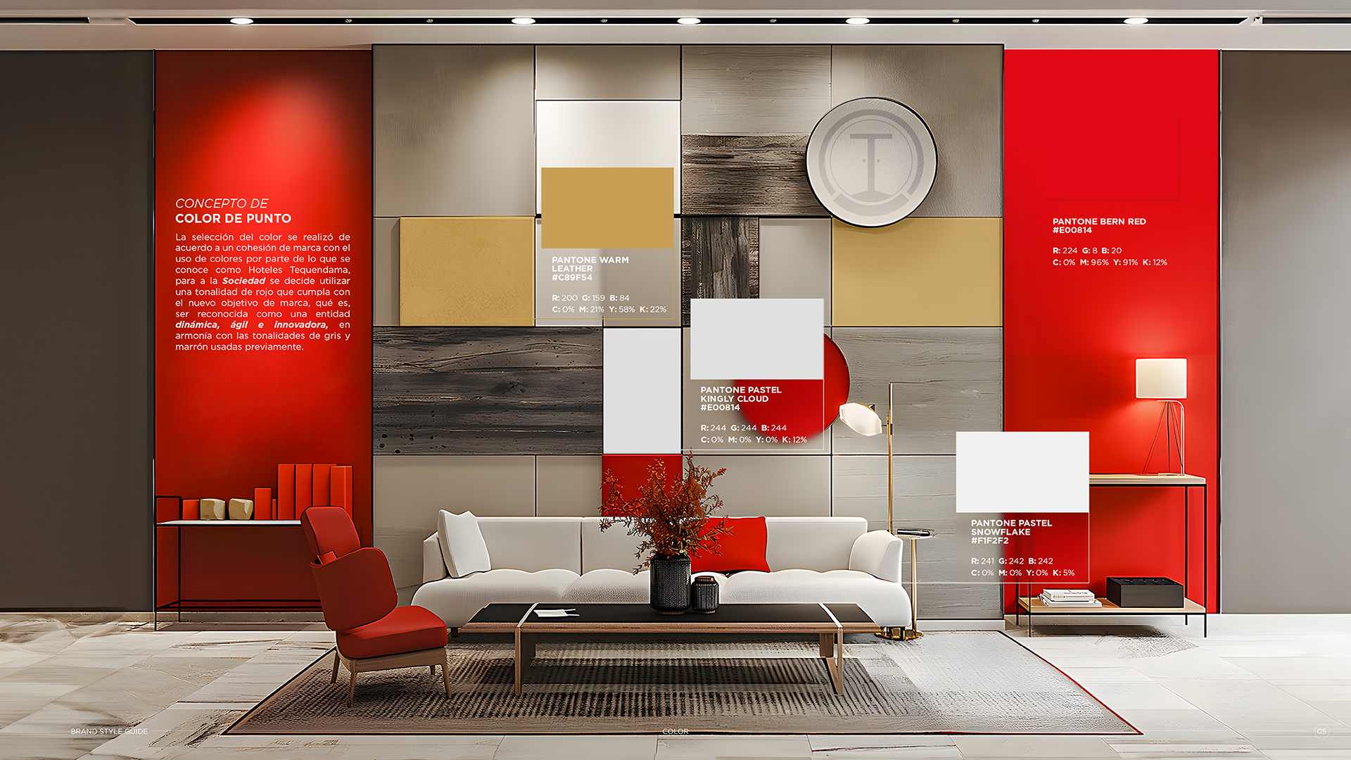 Modern living room with white sofa, red chair, color palette wall showing Pantone color codes and samples.