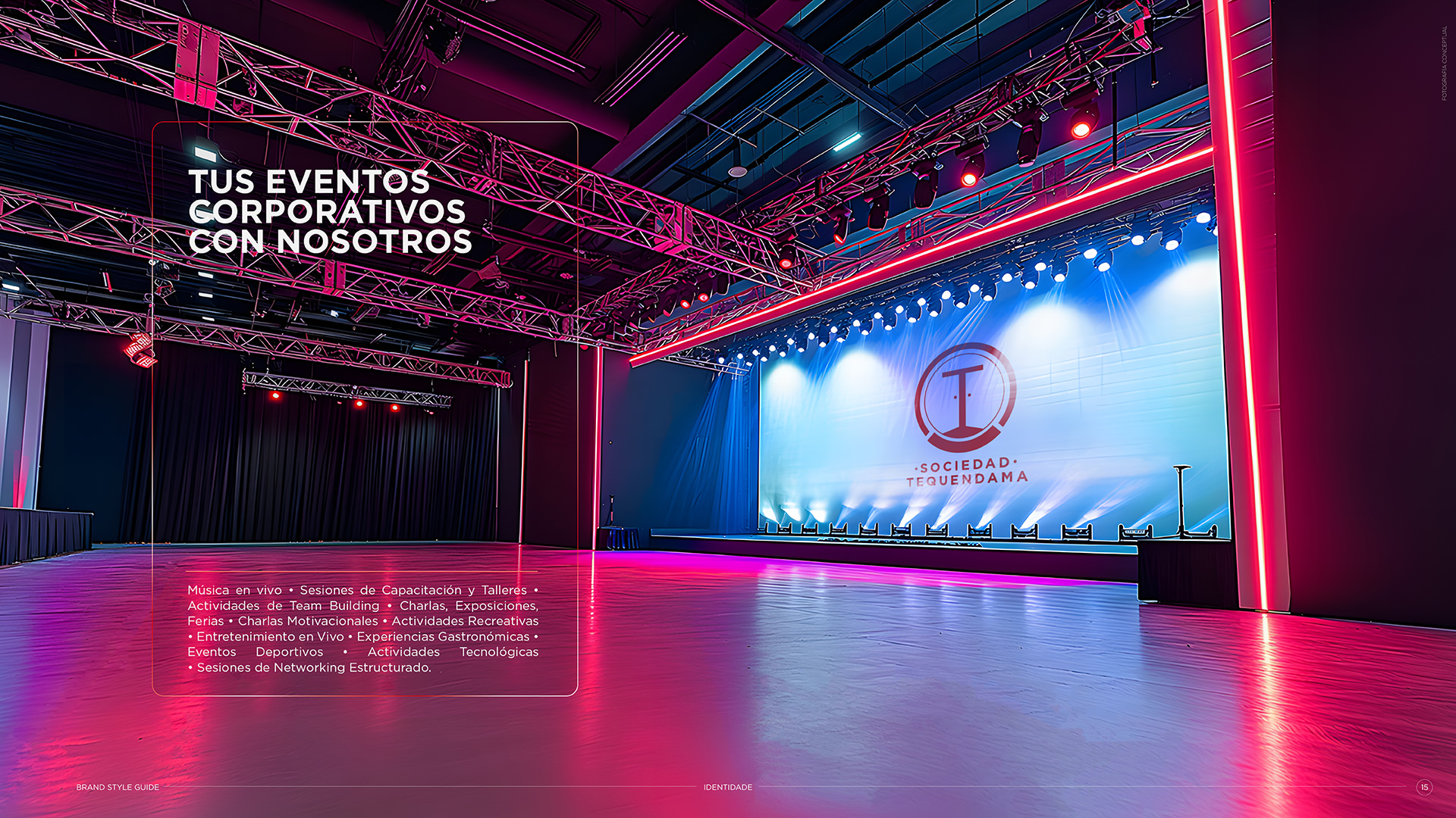 Empty modern event hall with colorful lighting and a large stage displaying Sociedad Tequendama logo.