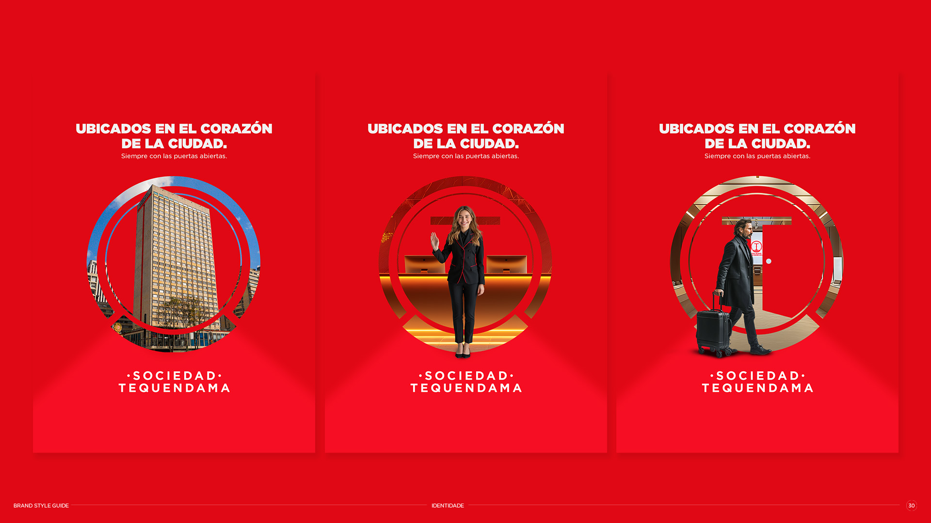 Three red posters showing a tall building, a woman at a reception, and a man with luggage indoors.