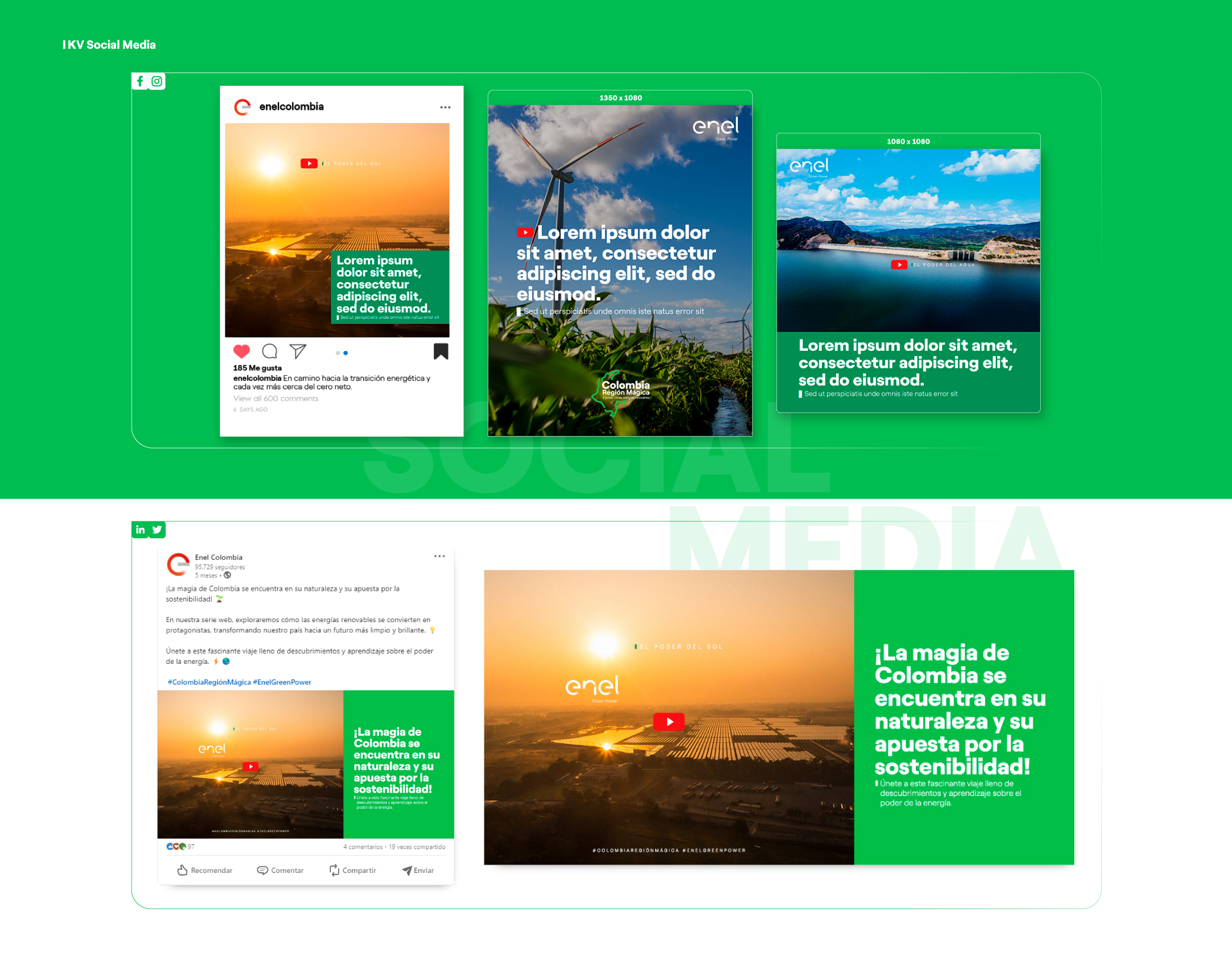 Social media posts showing renewable energy themes with solar panels, wind turbines, and nature in Colombia.