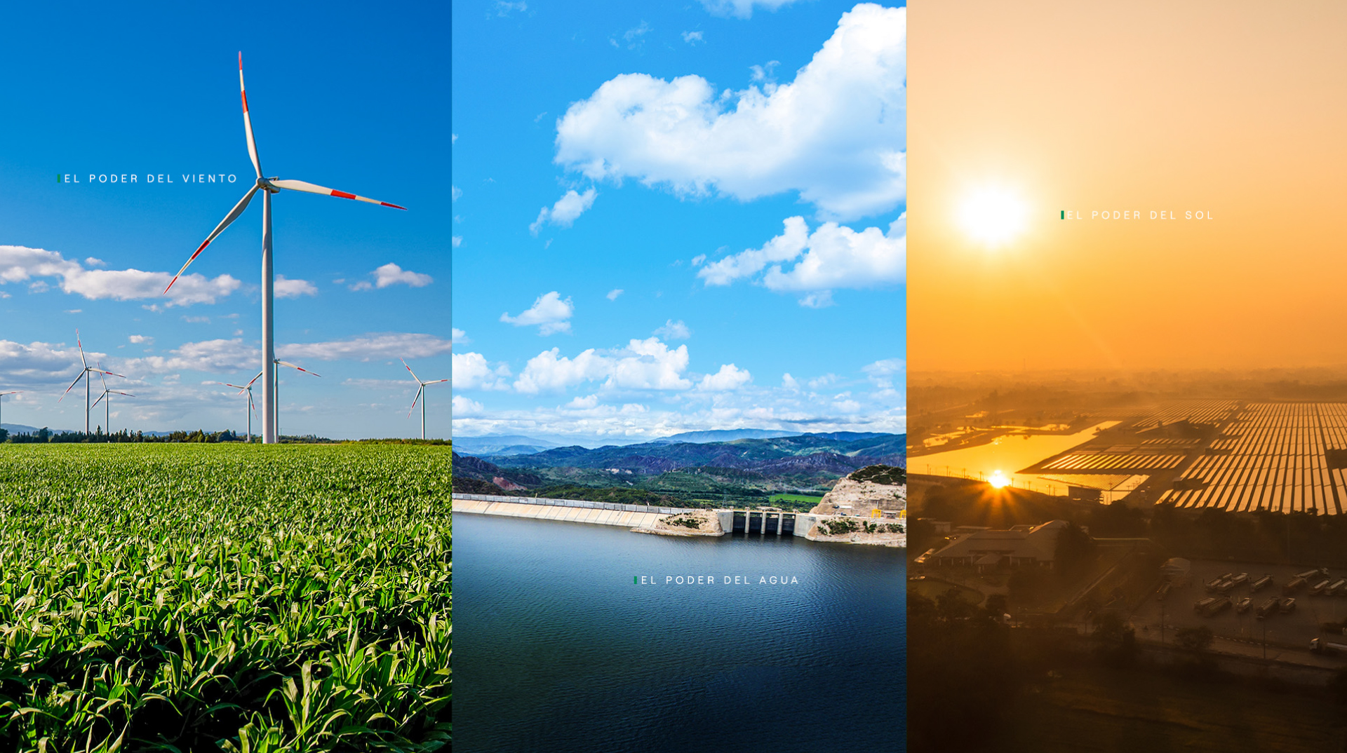 Three panels showing wind turbines over crops, a water dam, and a solar farm at sunset.