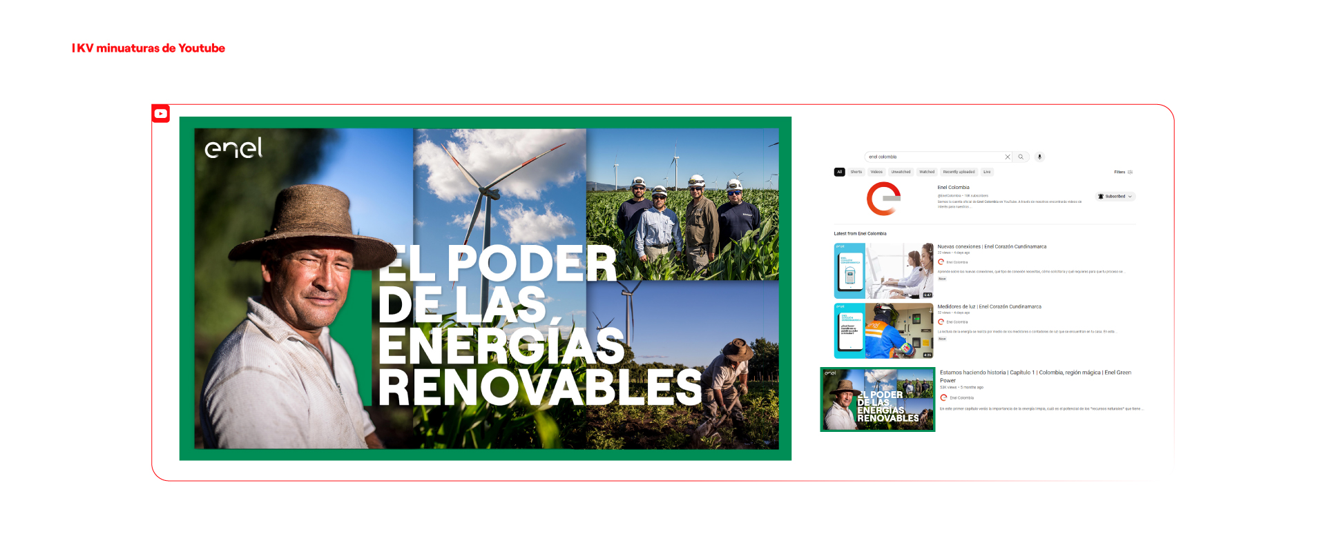 YouTube page showing Enel Colombia channel with videos on renewable energy power and wind turbines.