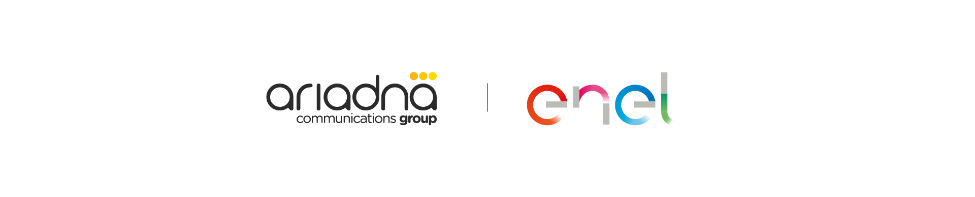Ariadna communications group logo beside the colorful Enel logo on a white background.