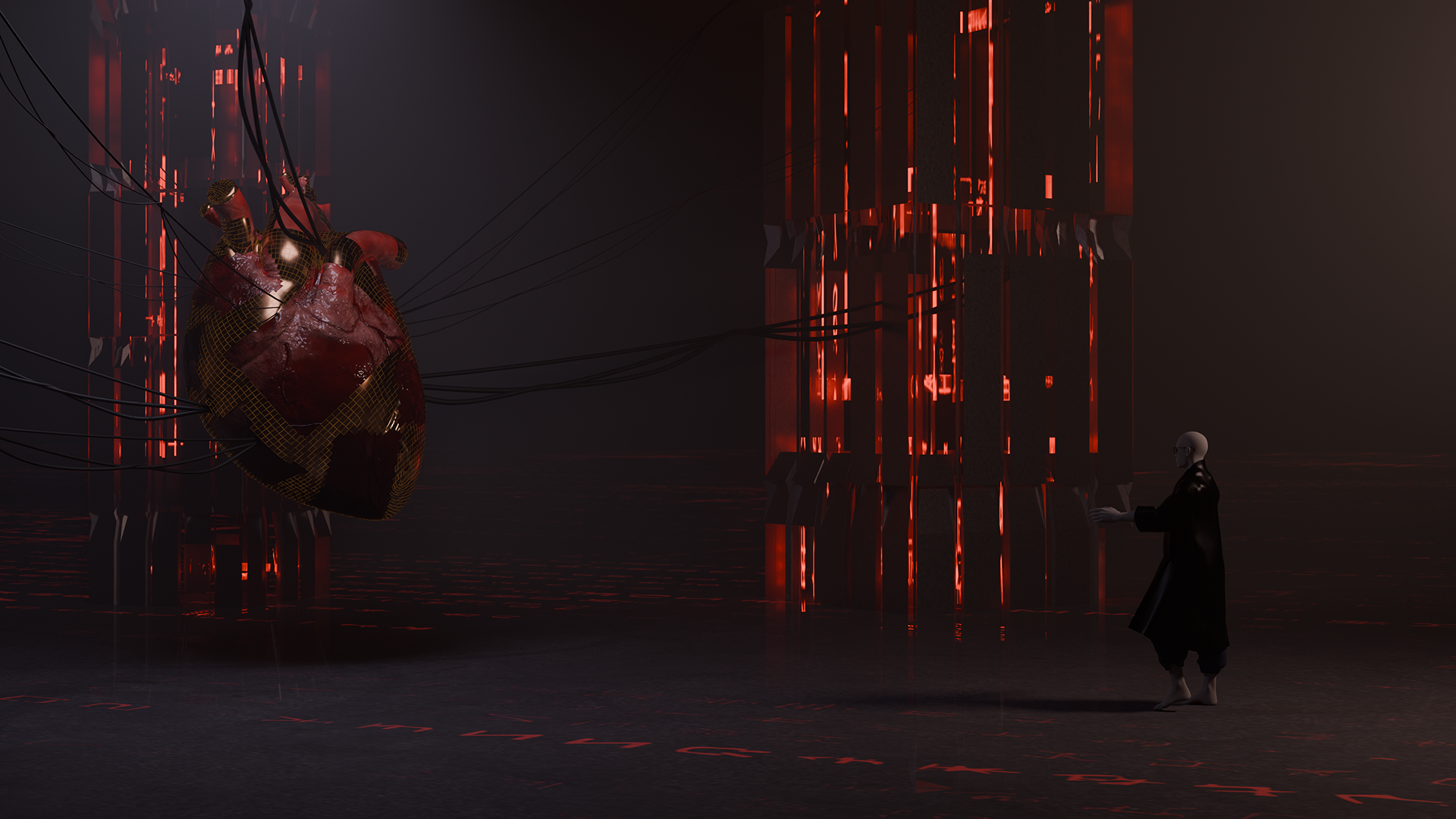 Person in black coat interacting with a large floating heart connected to a glowing red structure by wires.