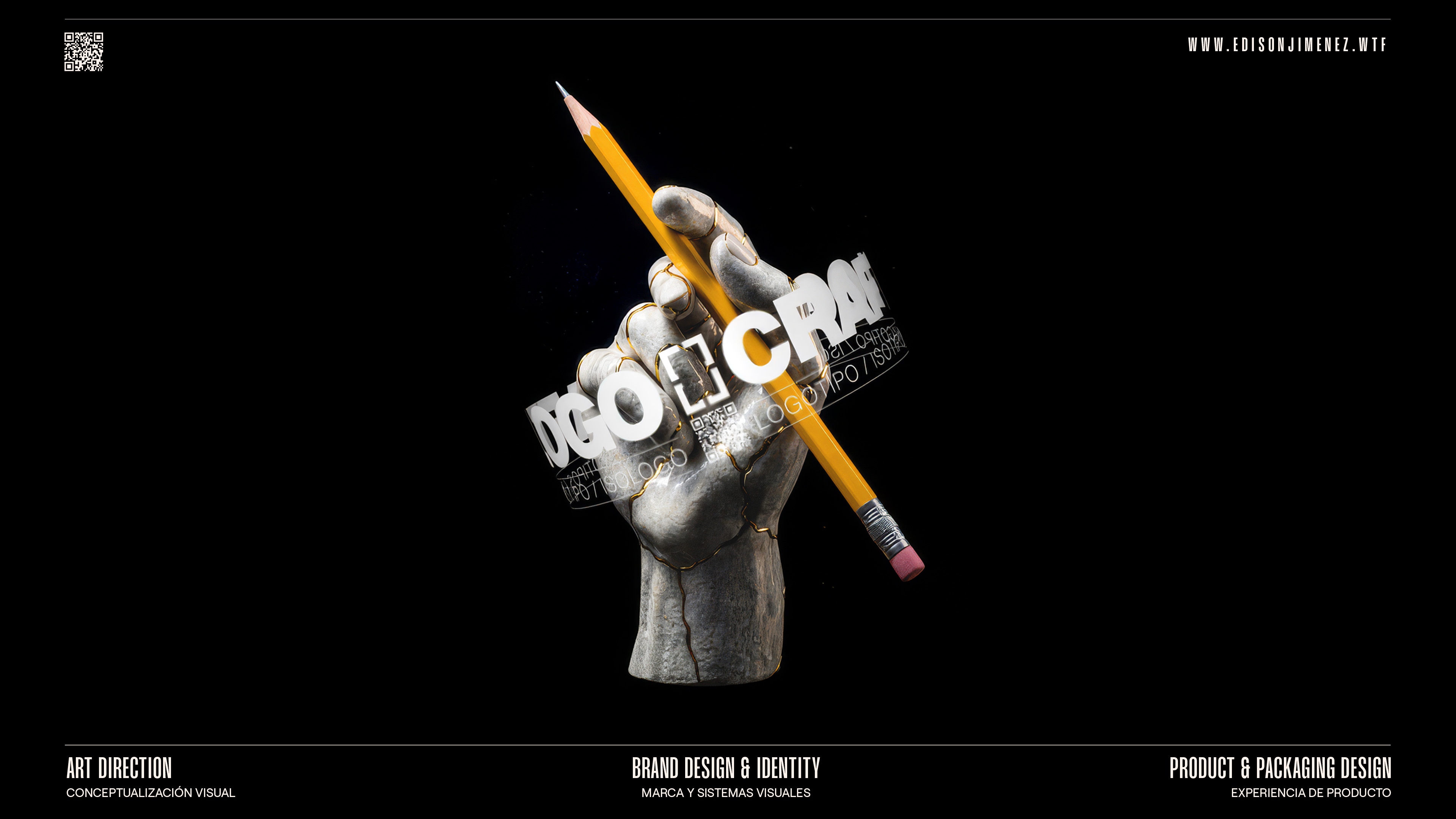 Stone hand cracked with gold cracks holding a yellow pencil against black background.