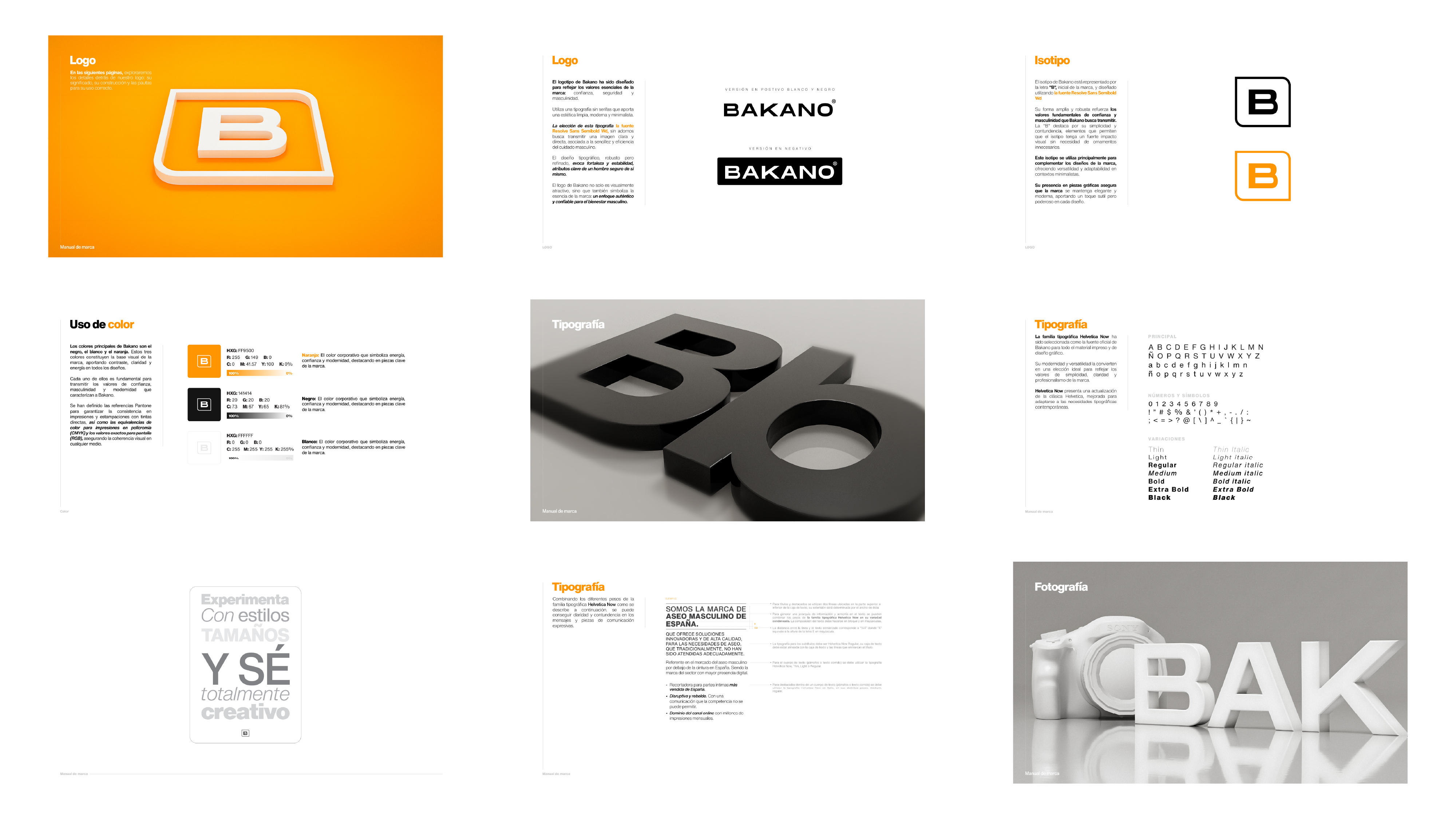 Brand manual pages showing Bakano logo usage, color palette, typography, and photography style.