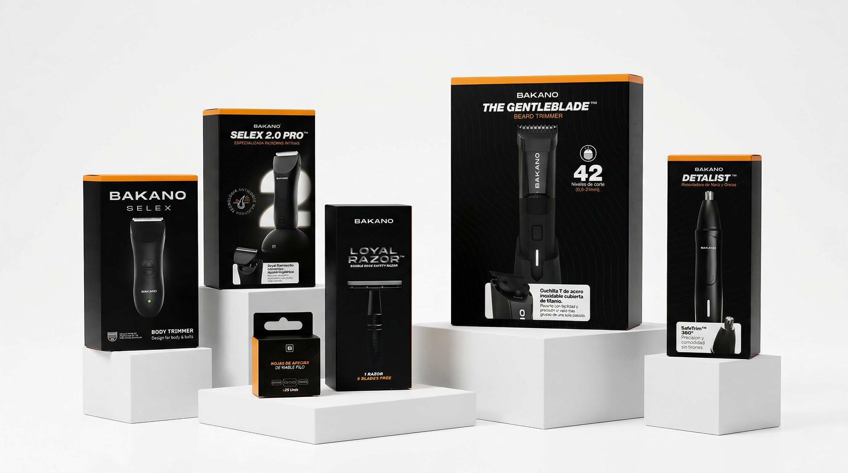 Six Bakano grooming product boxes displayed on white podiums against a light background.