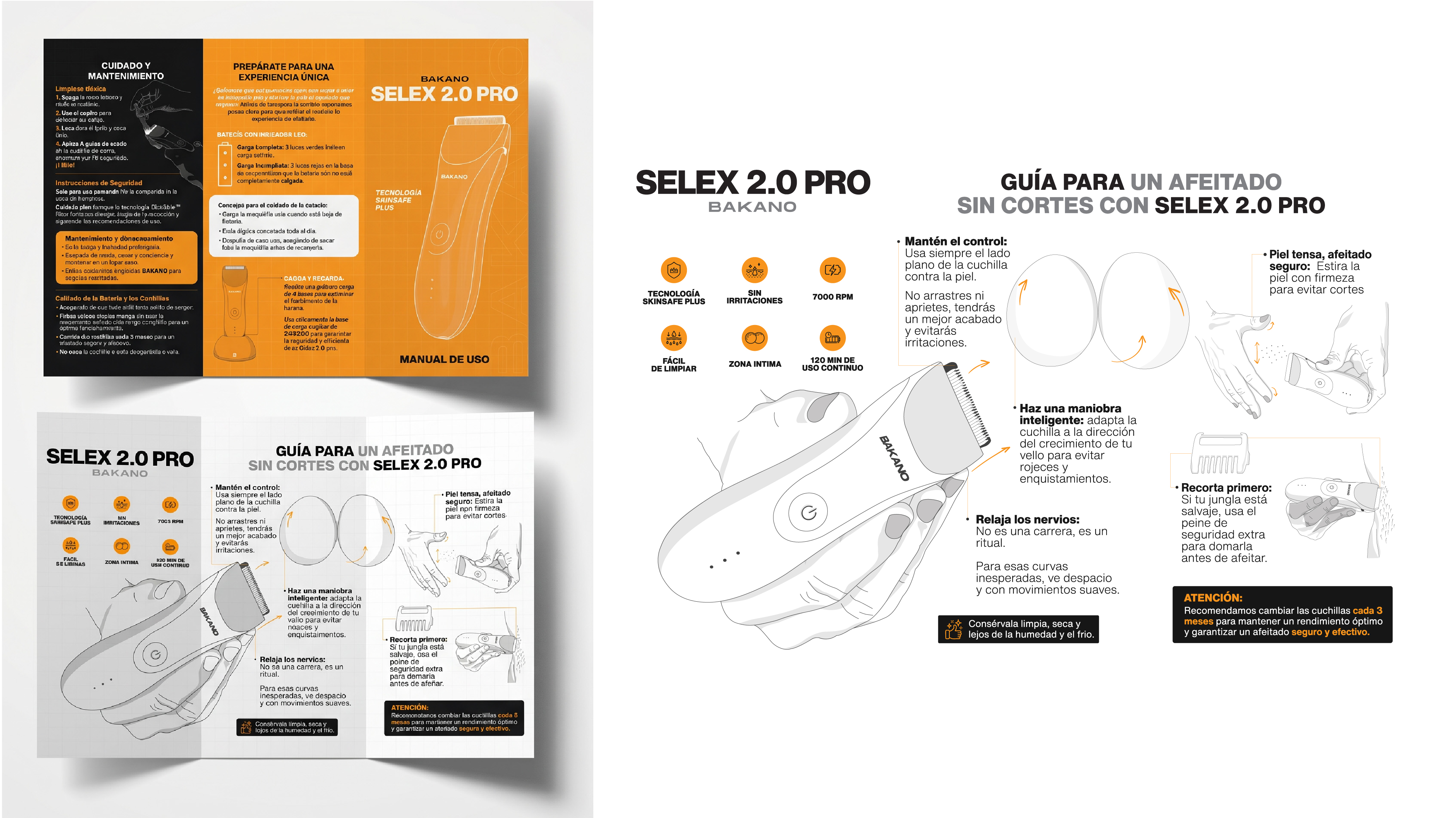 Instruction manual and guide for Bakano Selex 2.0 Pro electric shaver with usage tips and features in Spanish.
