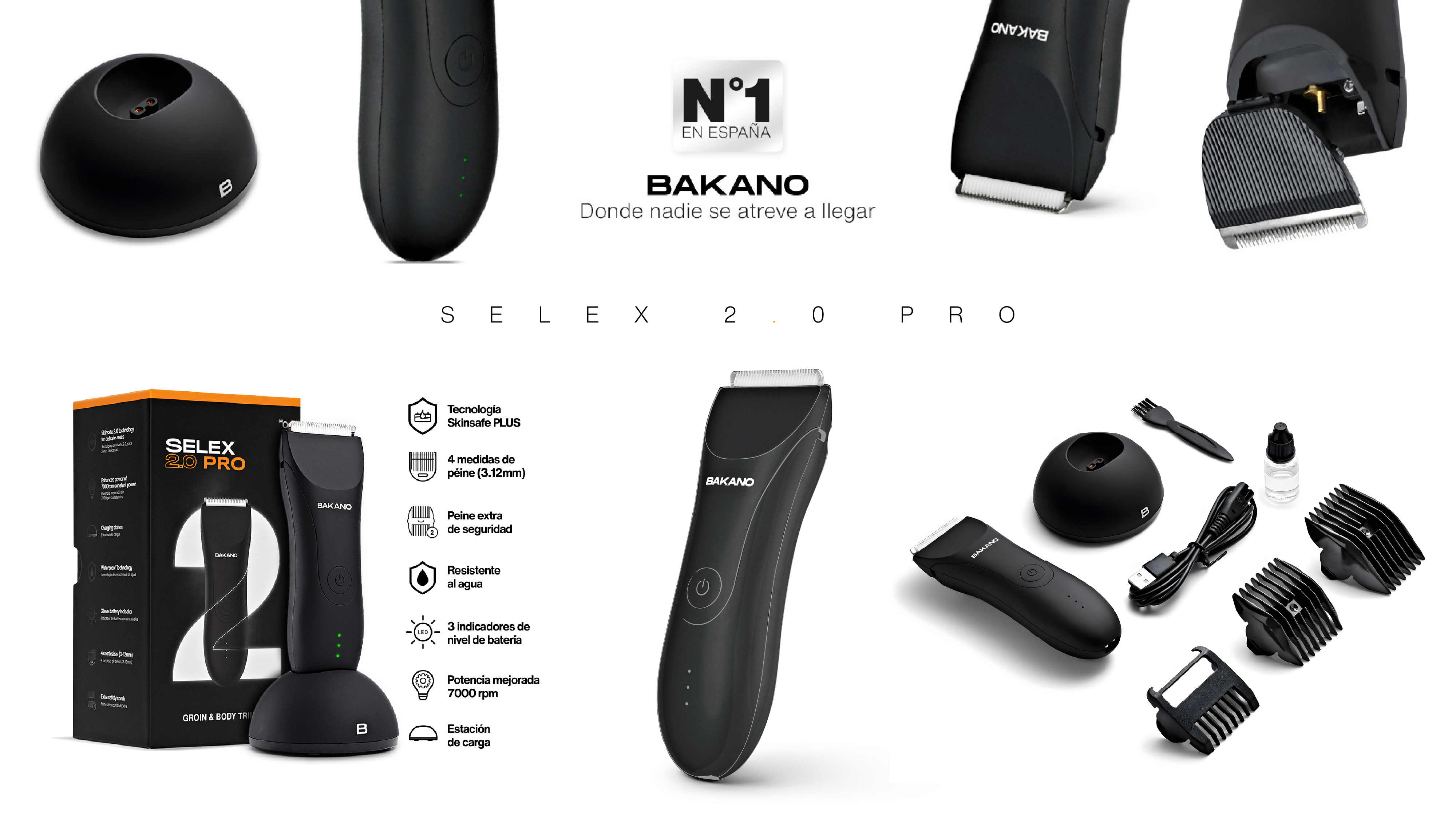 Bakano Selex 2.0 Pro black trimmer with charging station, comb attachments, USB cable, brush, and oil bottle.
