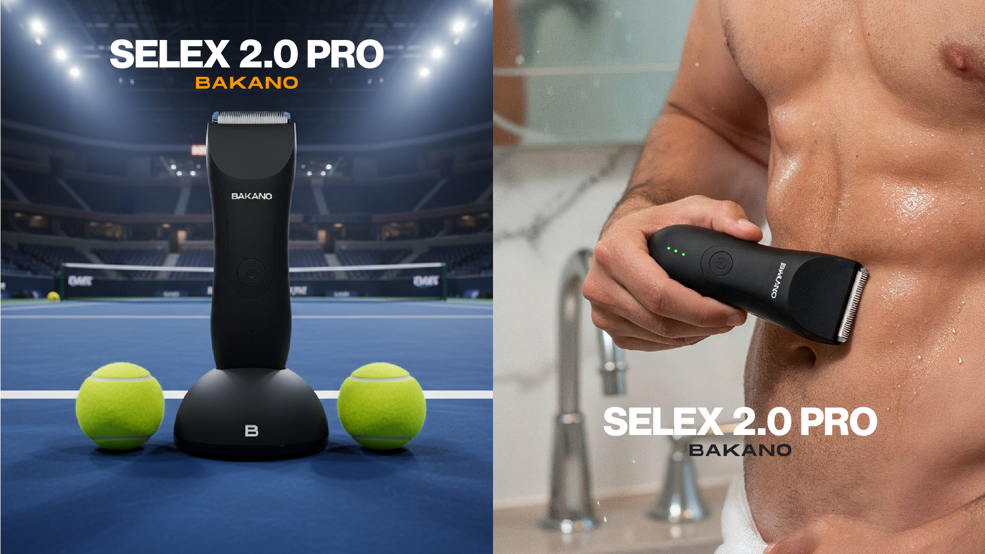 Black Selex 2.0 Pro Bakano trimmer shown on tennis court and used by wet shirtless man to groom body.