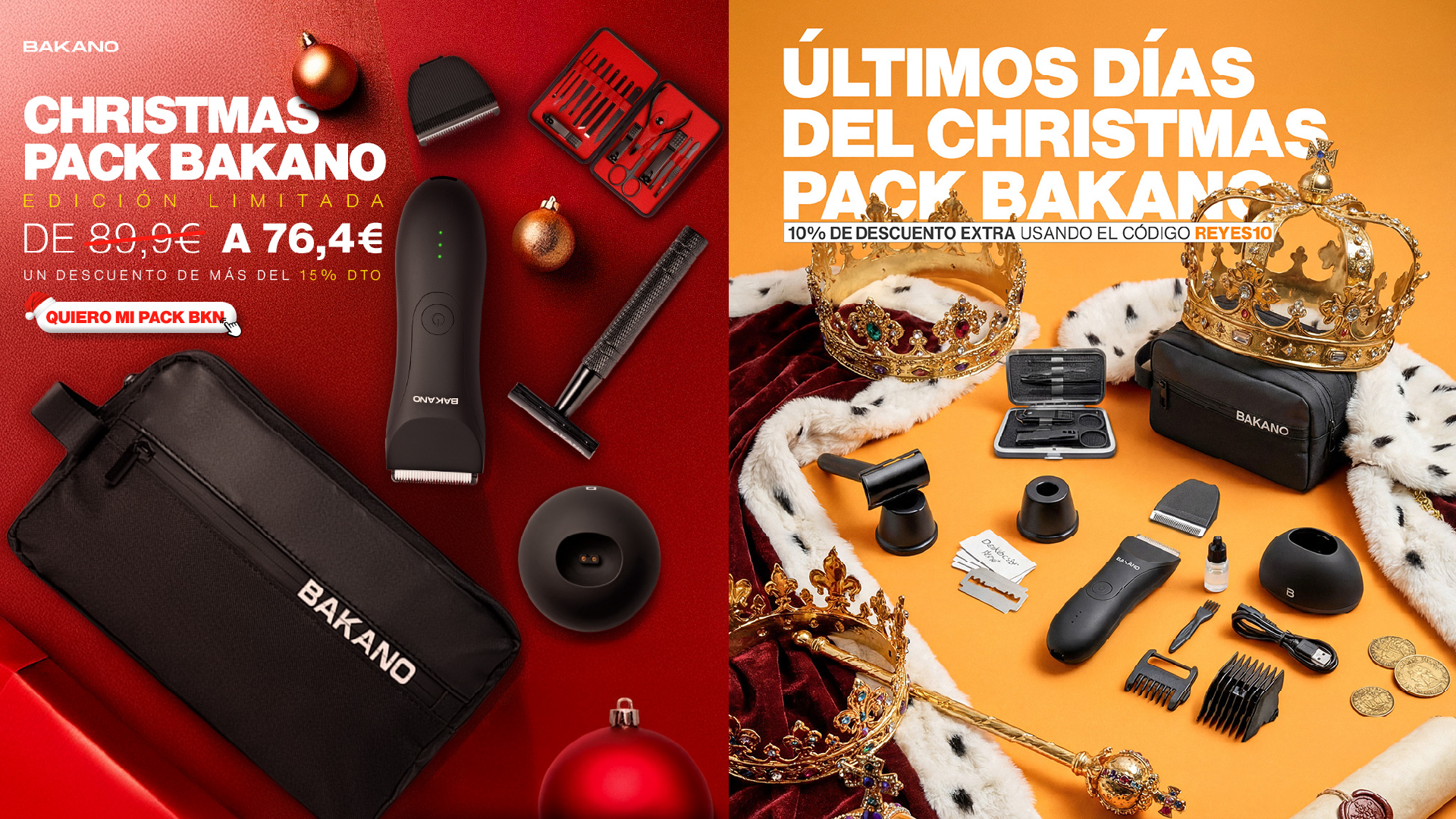Two promotional layouts for Bakano Christmas pack featuring grooming tools, crowns, and discount offers.
