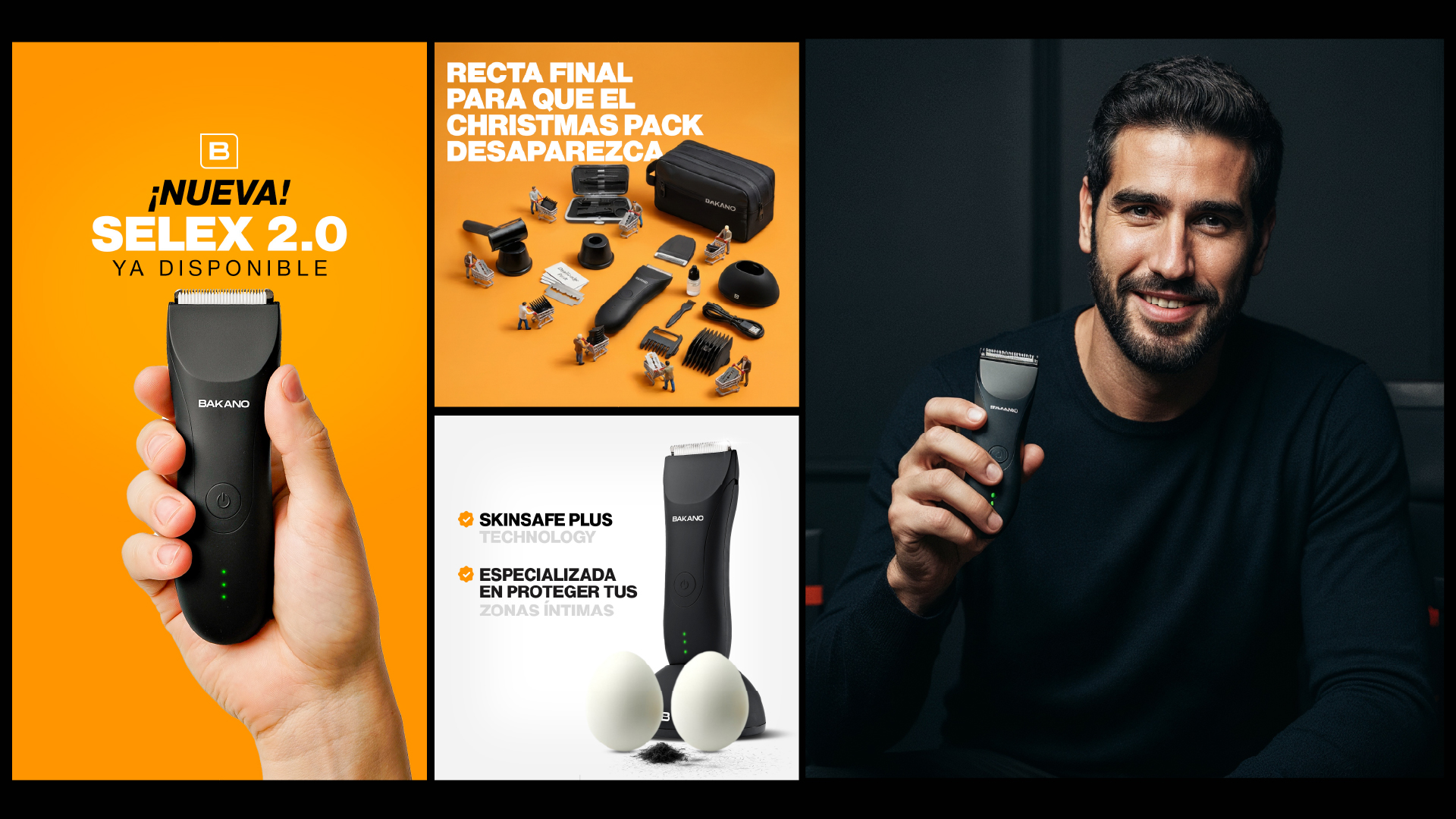 Collage showing Bakano Selex 2.0 trimmer, parts layout, and man holding the trimmer, smiling.
