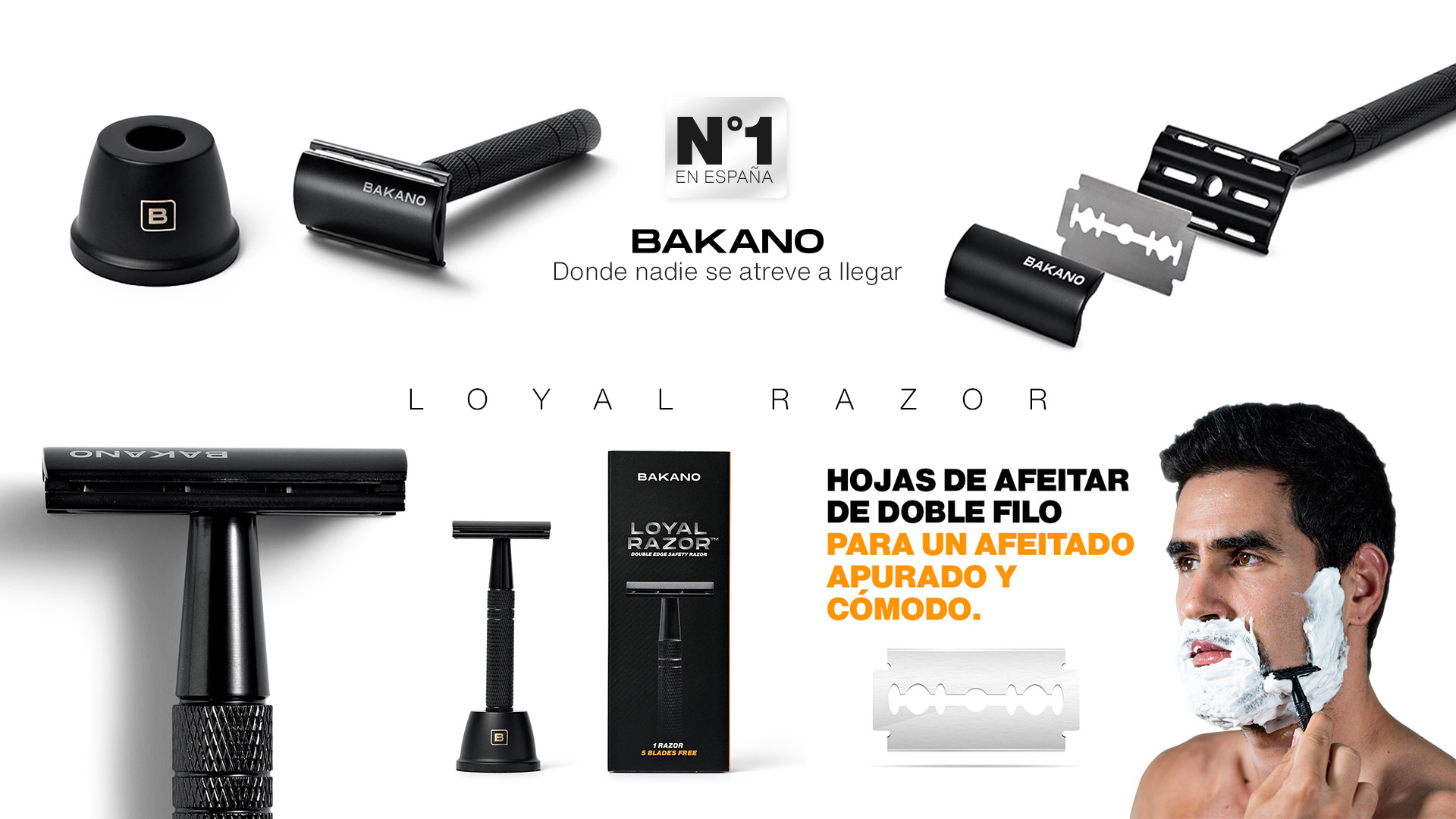 Black Bakano safety razor with stand, blade, and parts against white background.