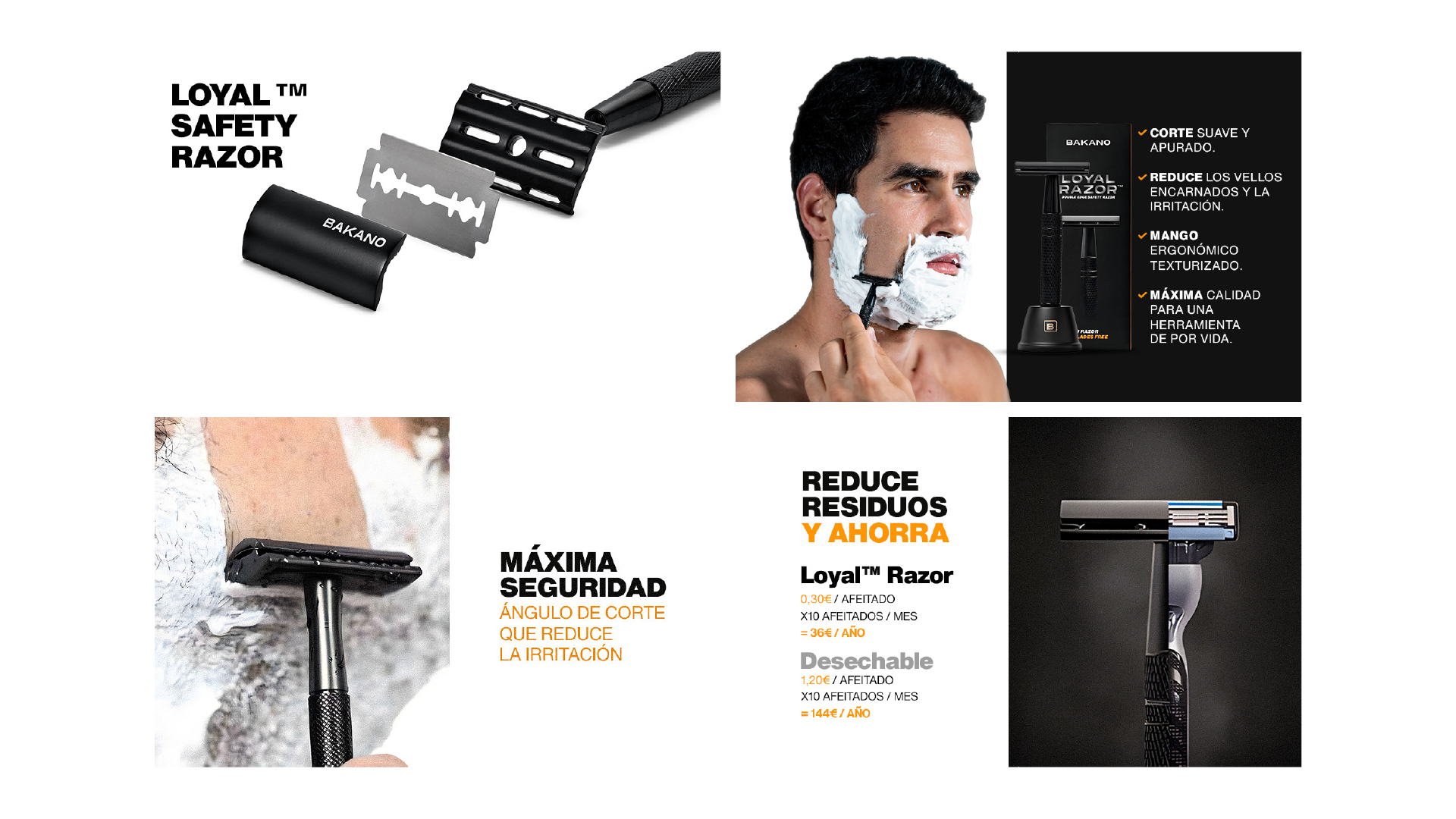 Loyal safety razor close-ups, man shaving, and text highlighting smooth cut and less irritation.