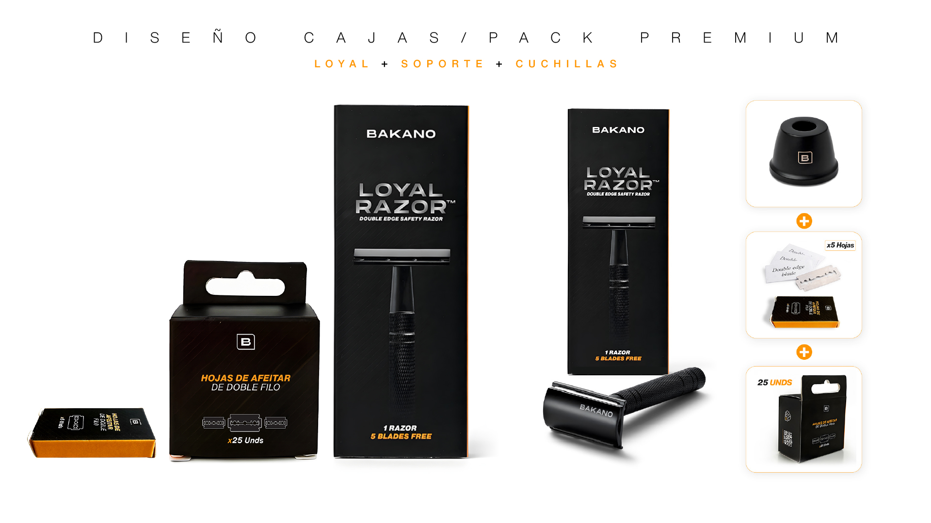 Bakano Loyal Razor double edge safety razor with packaging, blades, and black stand shown.