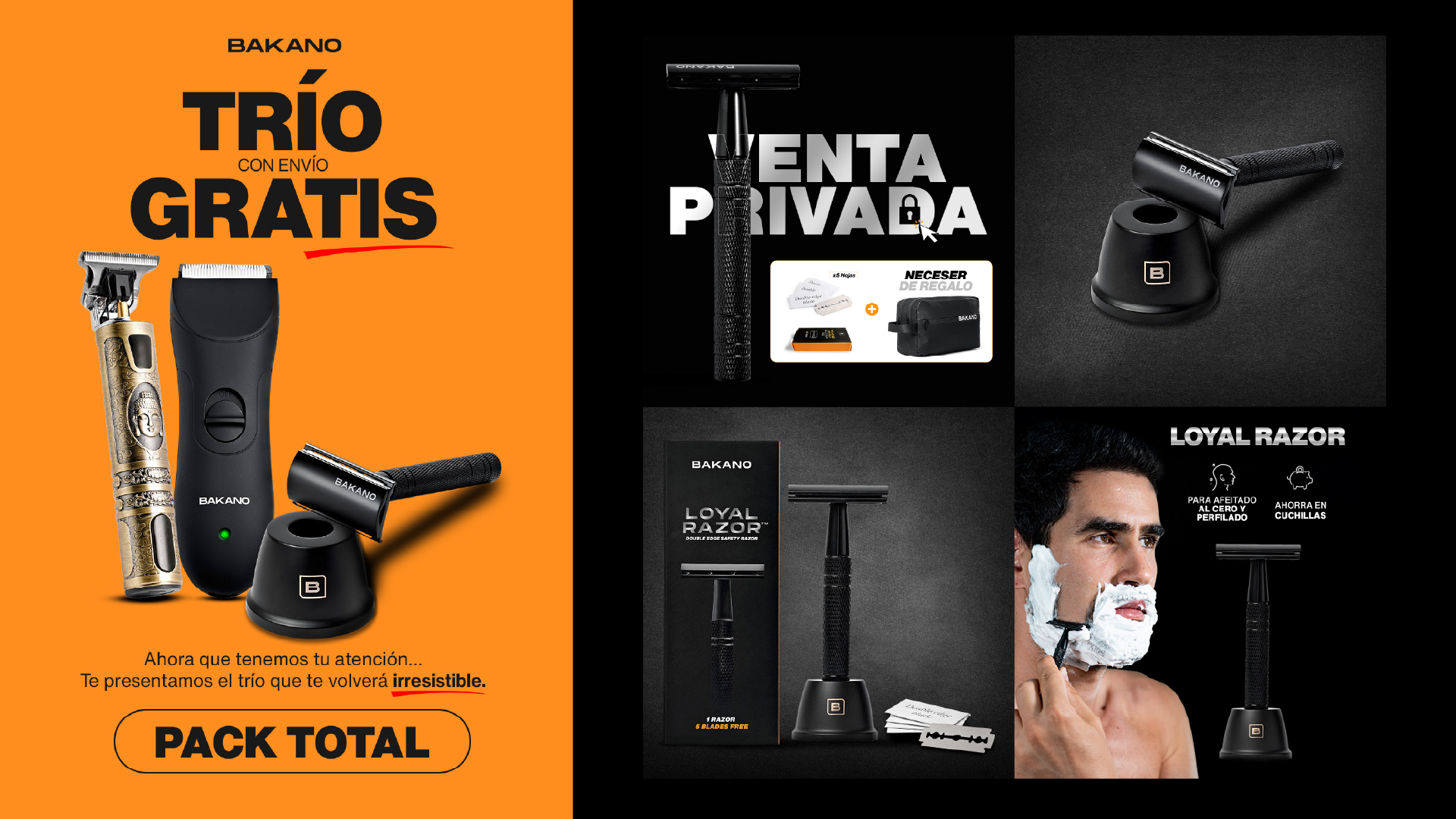Bakano grooming trio including trimmer, clipper, and razor with stand and blades, plus a man shaving.