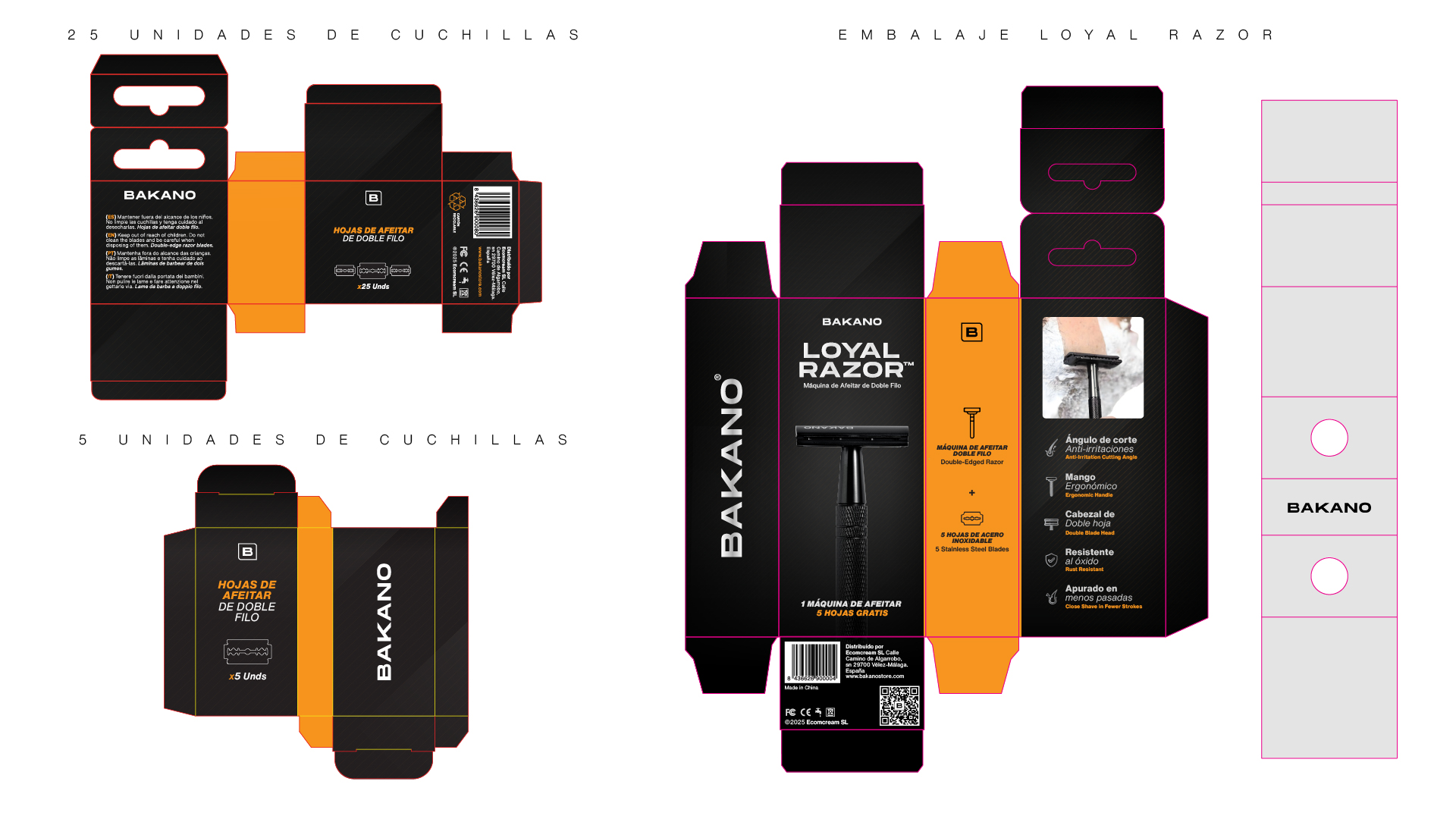 Packaging designs for Bakano razor blades and Loyal Razor double-edged shaving kit with product details.