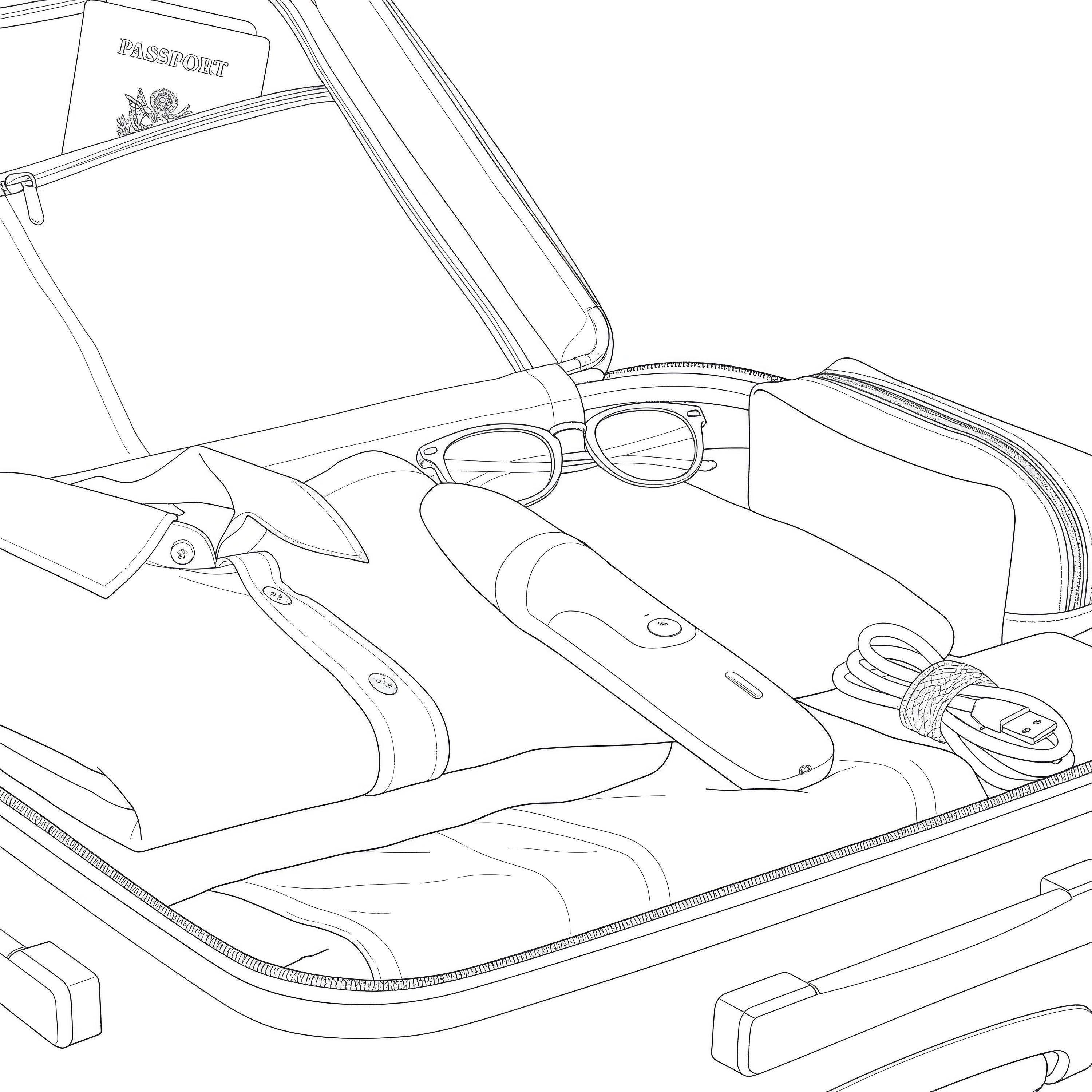 Open suitcase with folded shirts, glasses, passport, USB cable, and an electronic device inside.