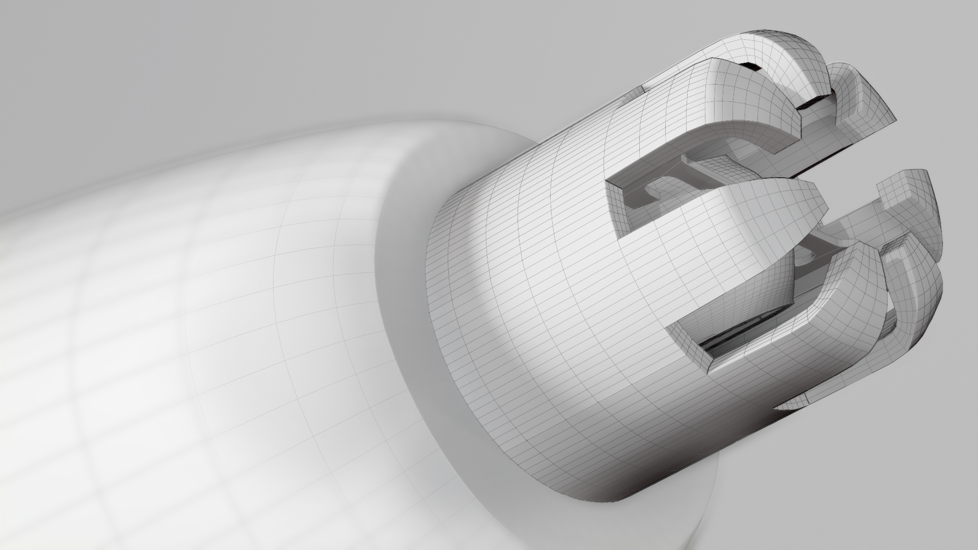 3D wireframe model of a mechanical cylindrical object with gripping claw-like parts at the end.