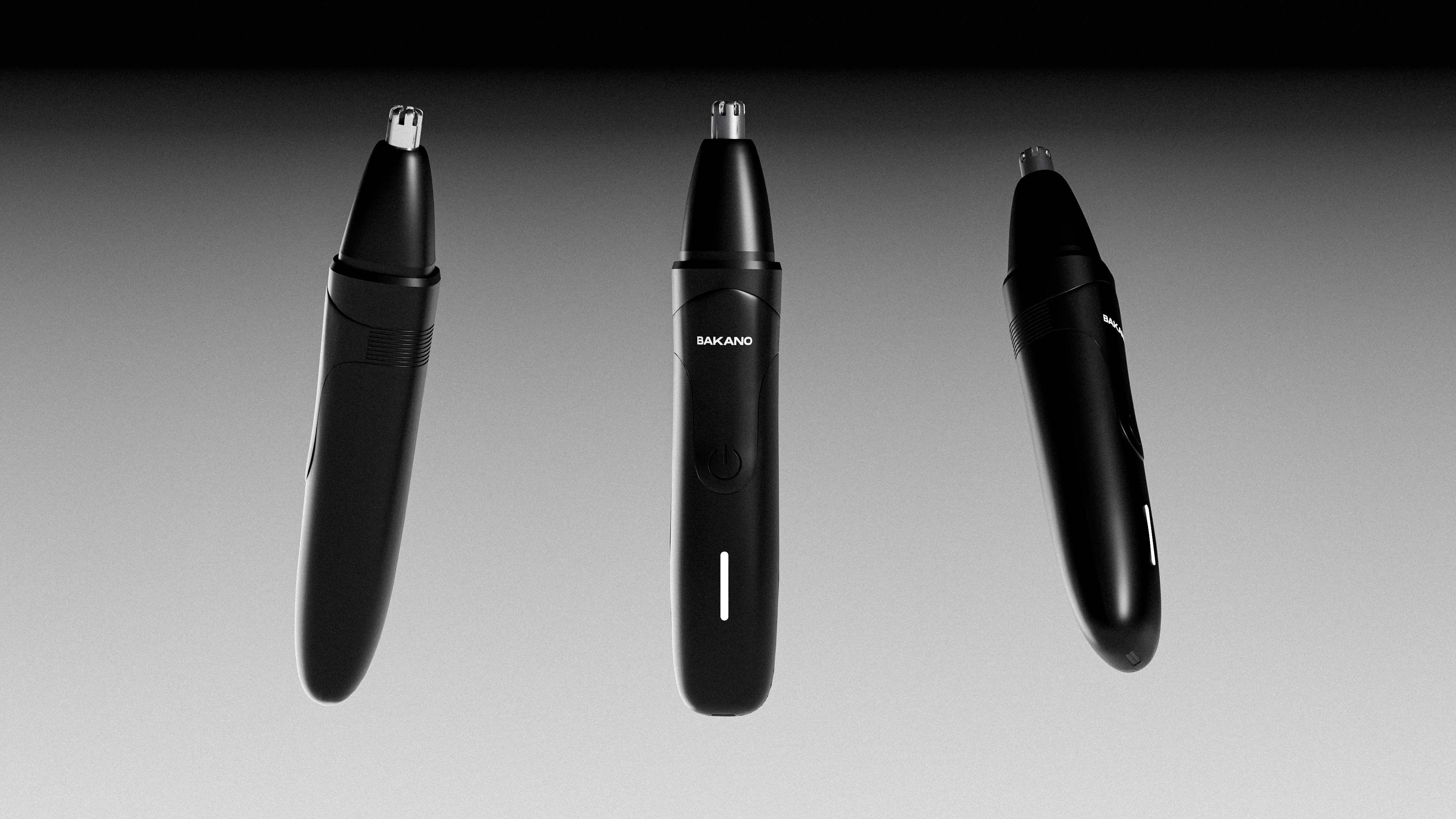 Three black Bakano electric nose hair trimmers on a gradient background.