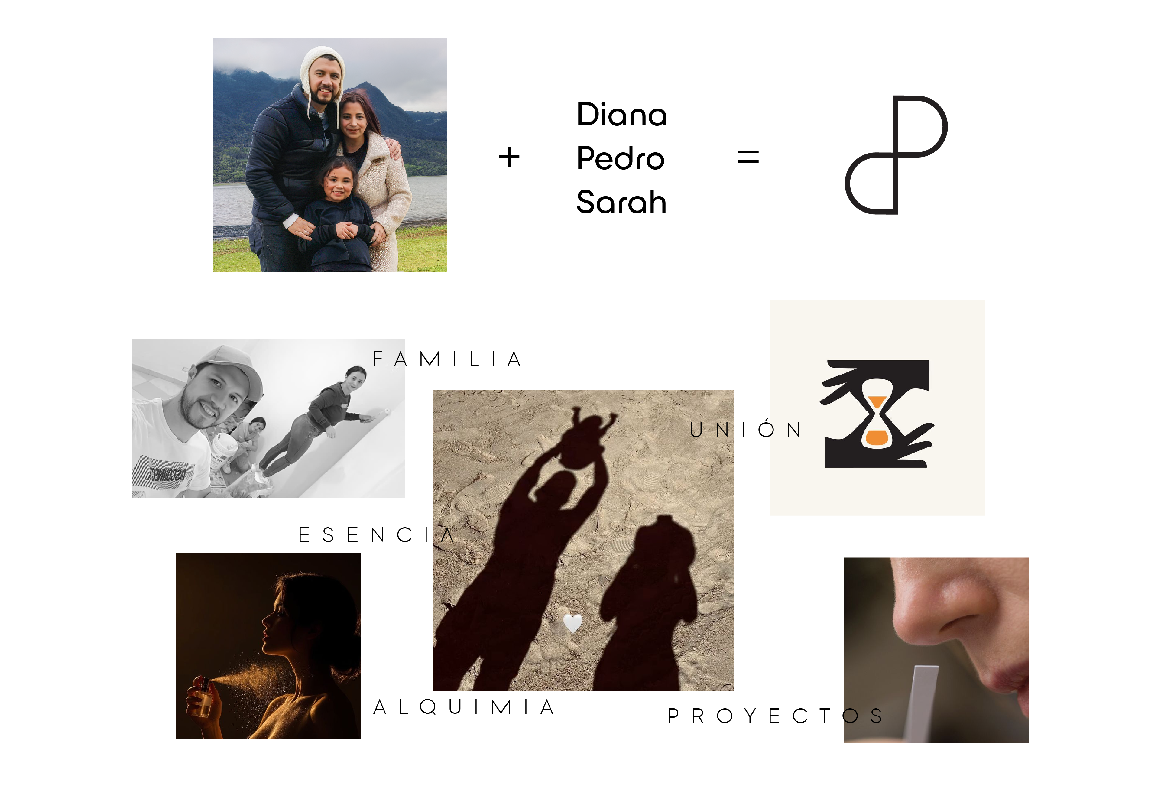 Collage of family photos with words familia, unión, esencia, alquimia, proyectos, and a logo combining letters D and P.
