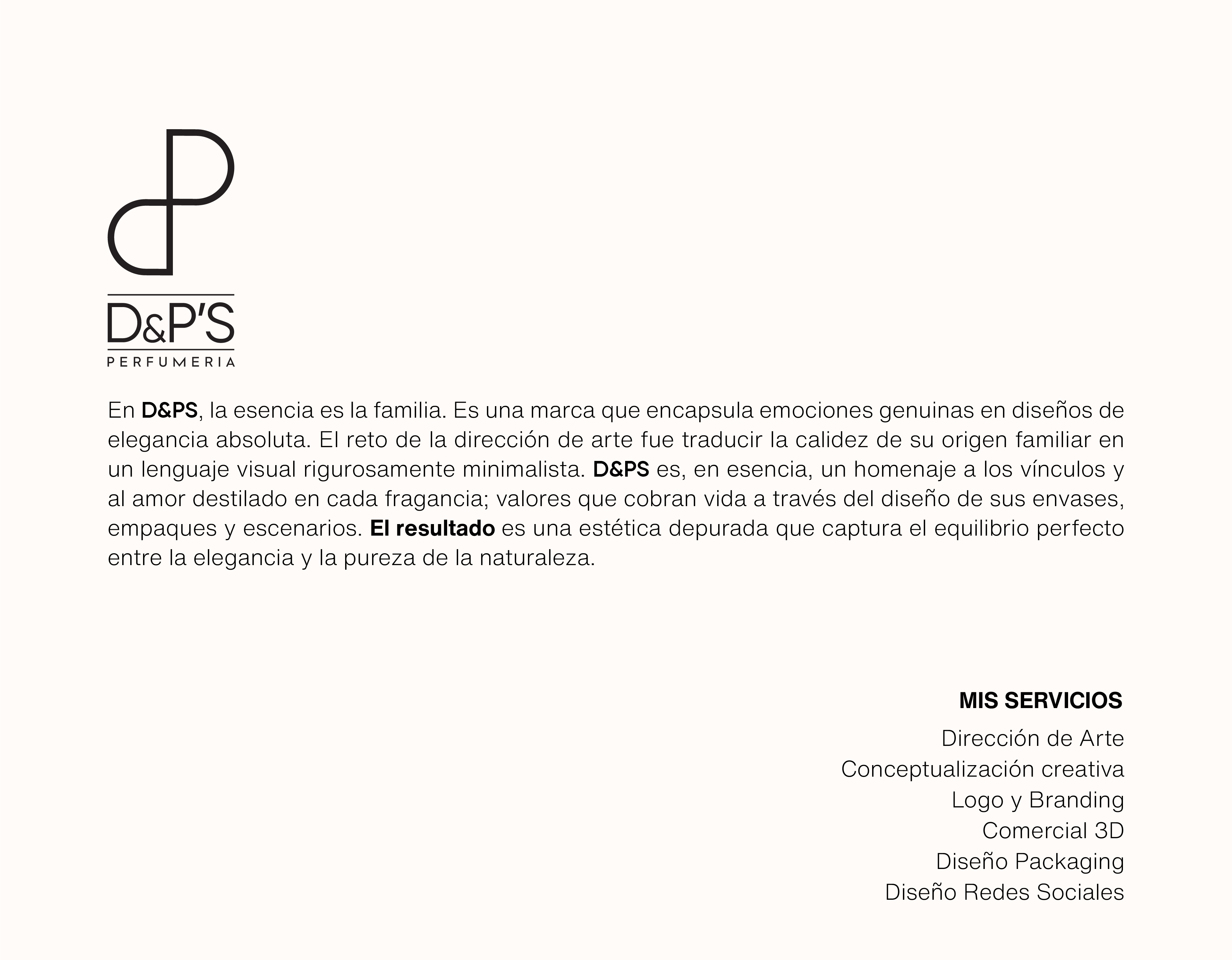 D&PS perfumeria logo with Spanish text describing brand essence and list of creative art and design services.