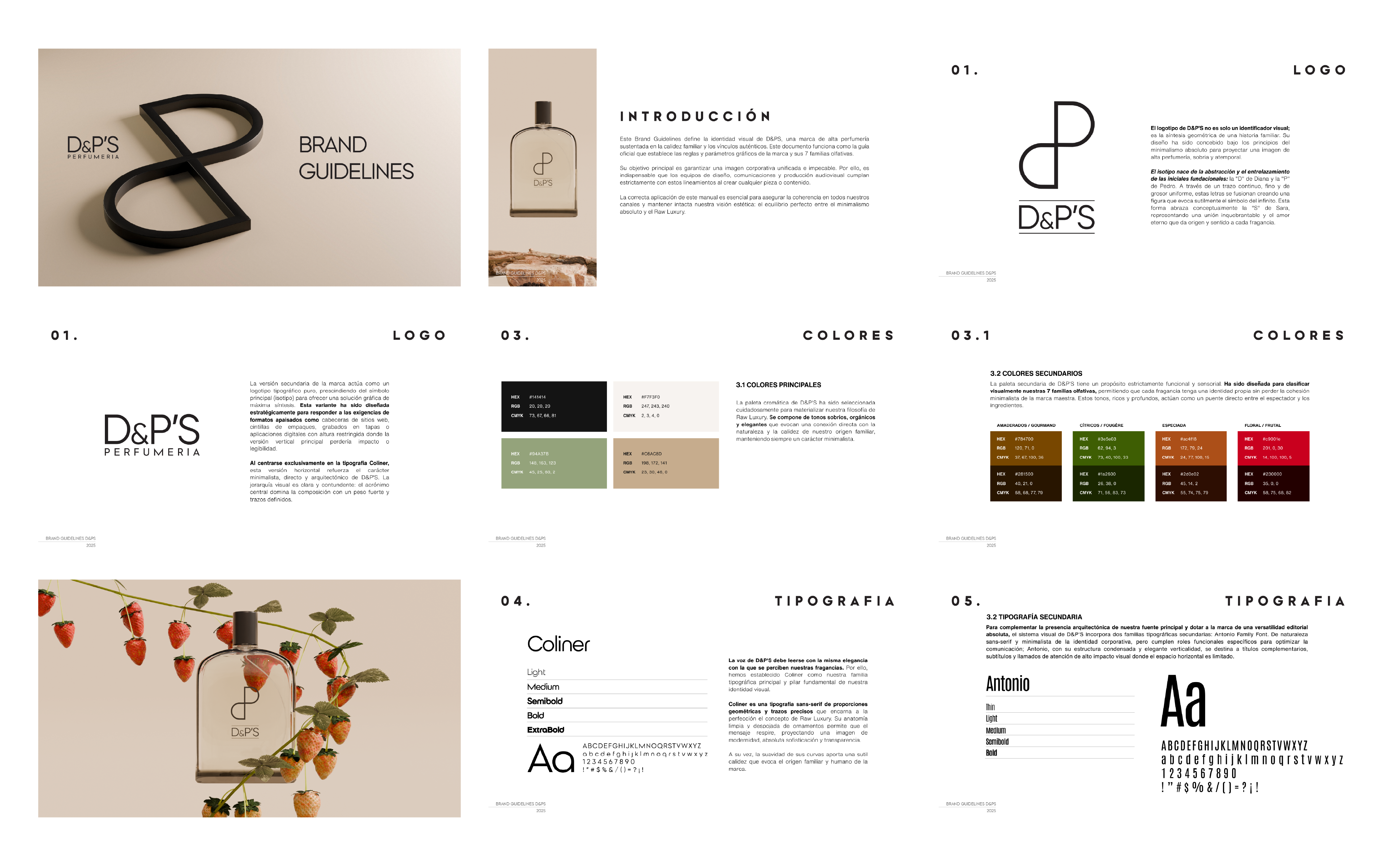 D&PS perfume brand guidelines including logo, color palette, typography, and bottle design images.