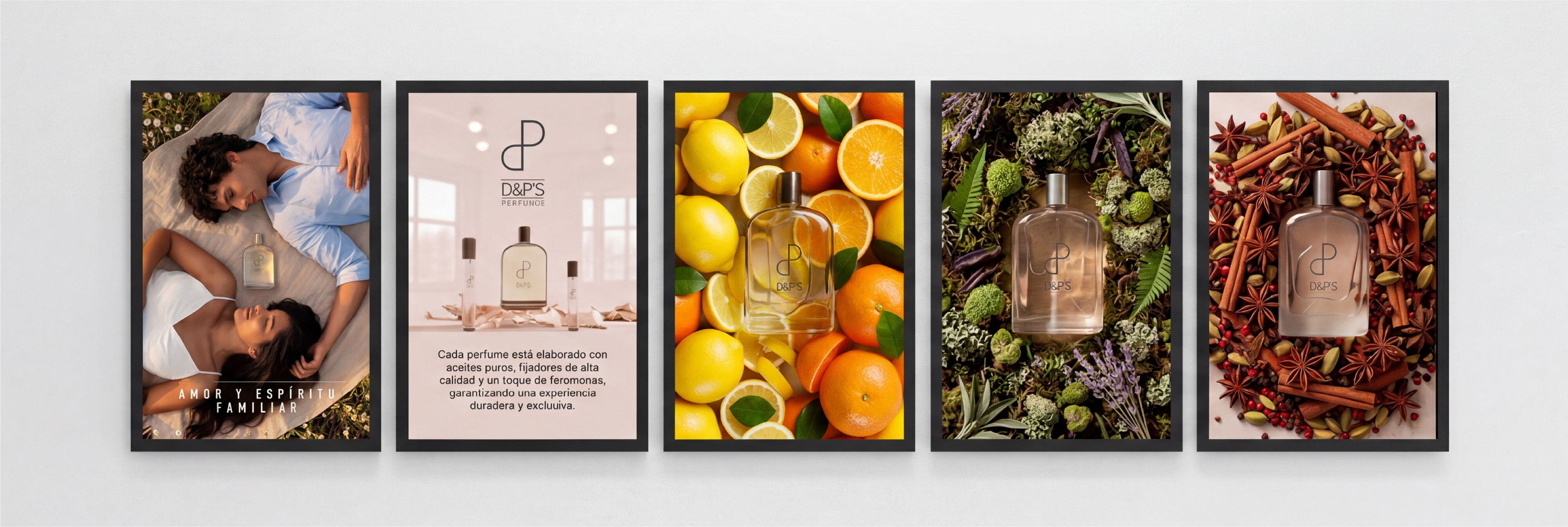 Five framed perfume ads: couple, product info, lemon, herbs, and spices backgrounds with D&PS bottles.