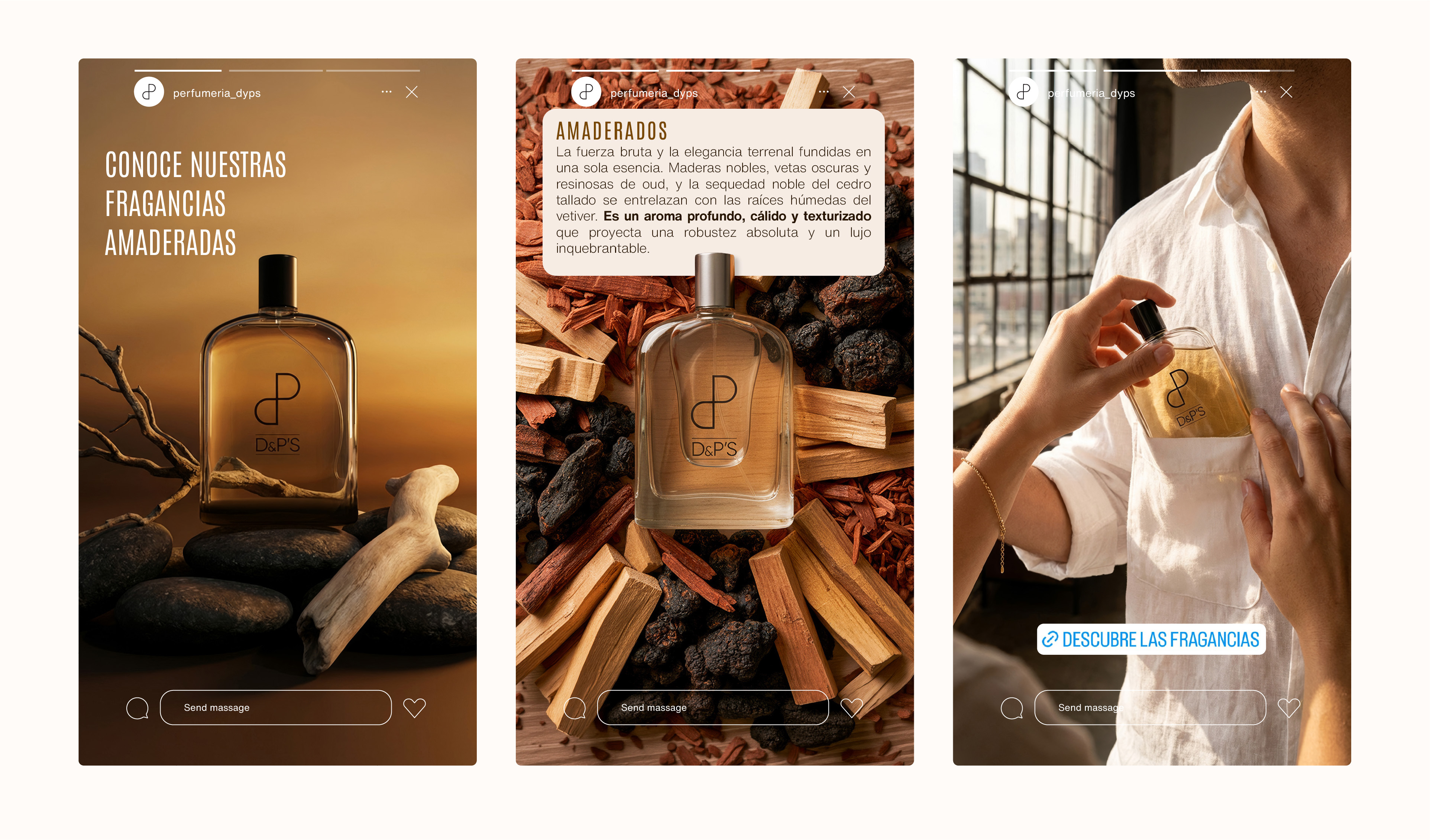 Three images of D&P’S woody fragrance perfume bottle with natural wood, stones, and person holding it.