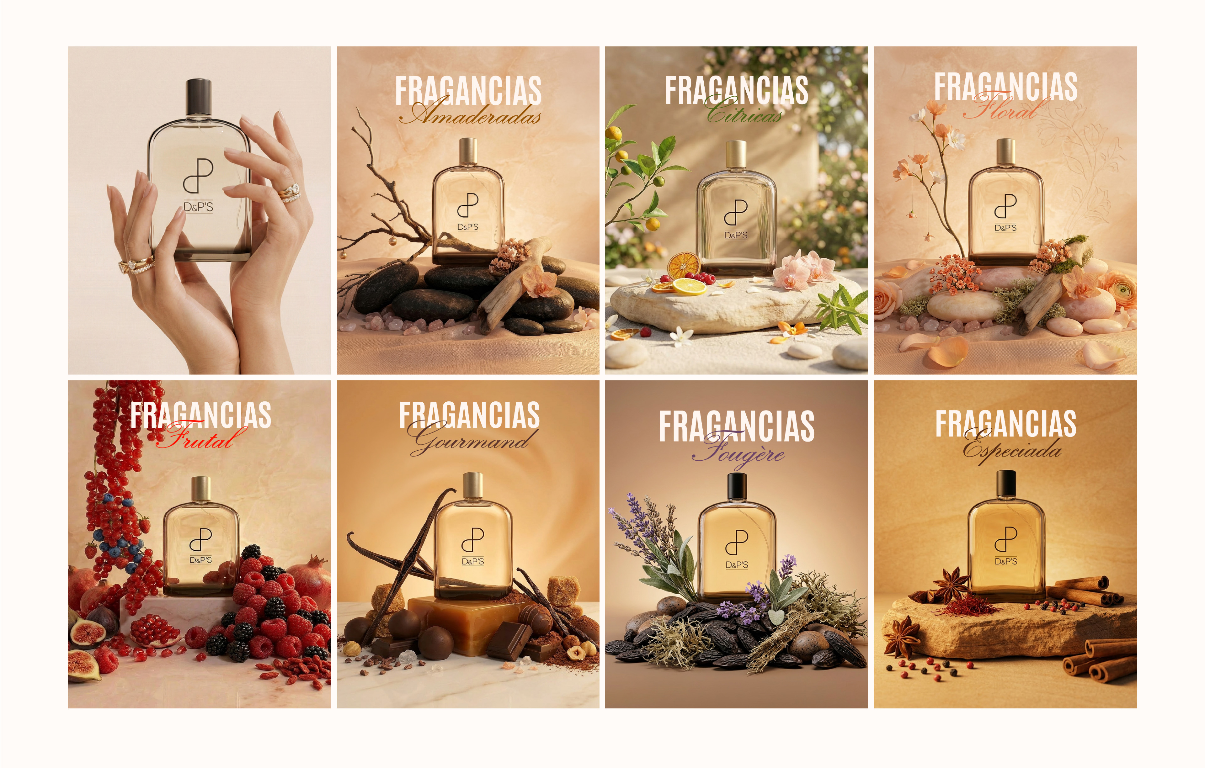 Eight perfume bottles with D&P'S logo displayed with different natural elements representing fragrance types.