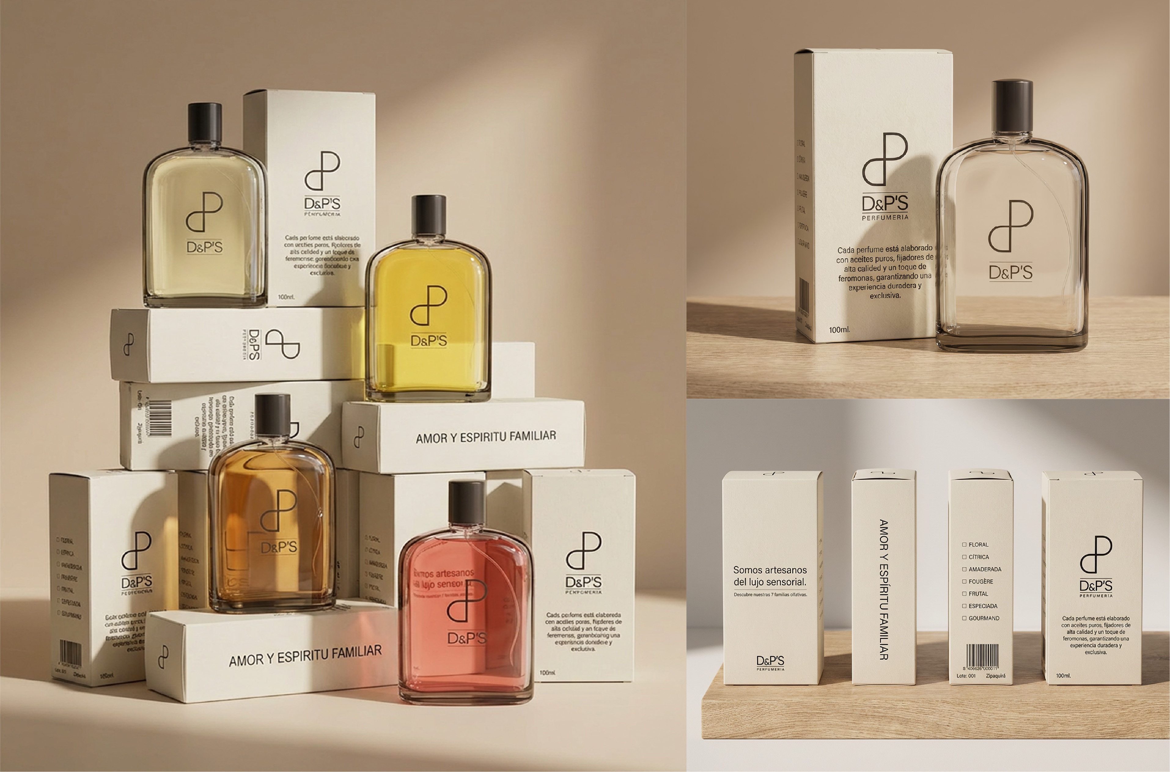 Various D&PS Perfumeria perfume bottles and boxes in beige, amber, yellow, and pink hues arranged on a light background.