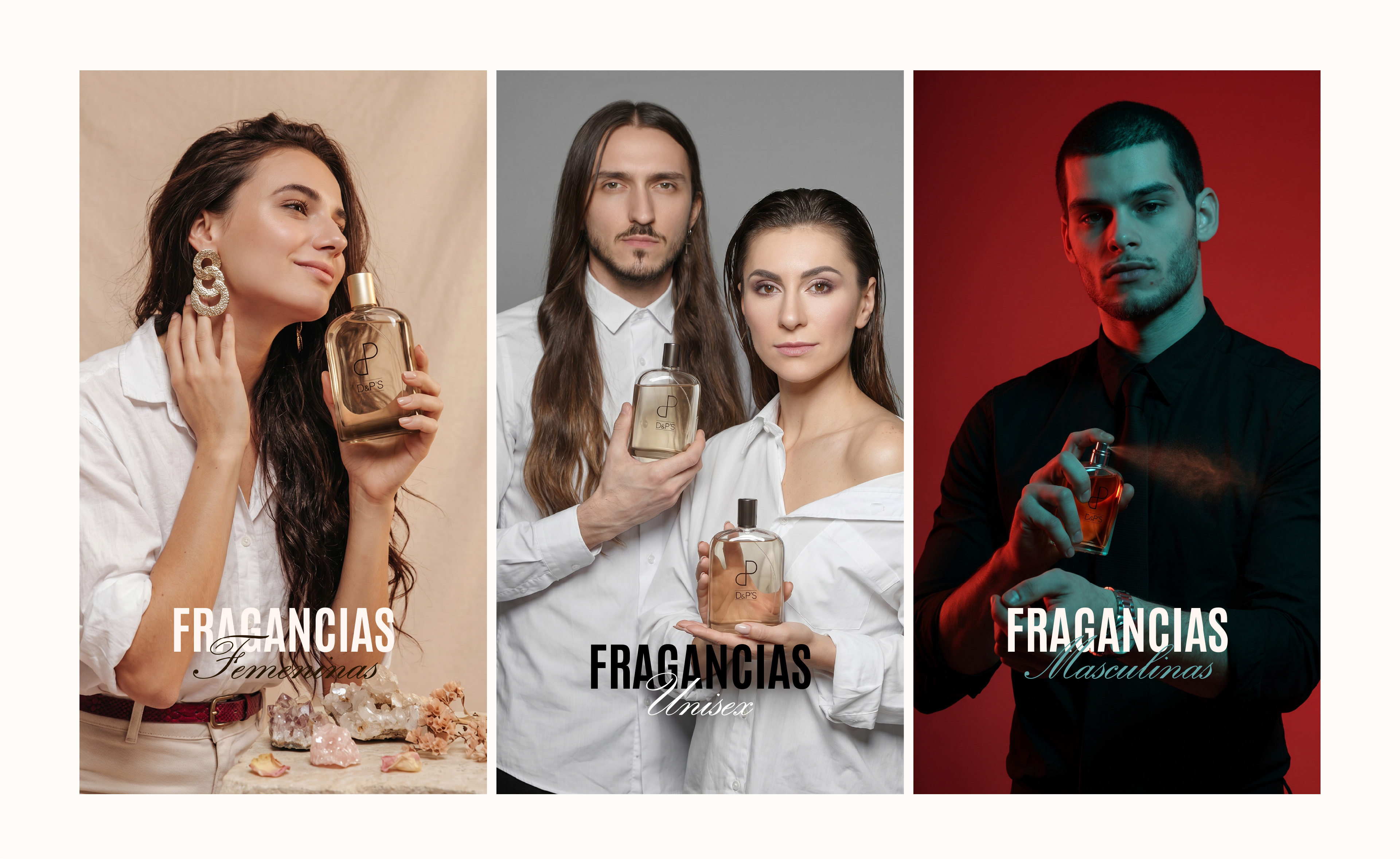 Three panels showing a woman with fragrance for women, a couple with unisex fragrance, and a man spraying men’s fragrance.