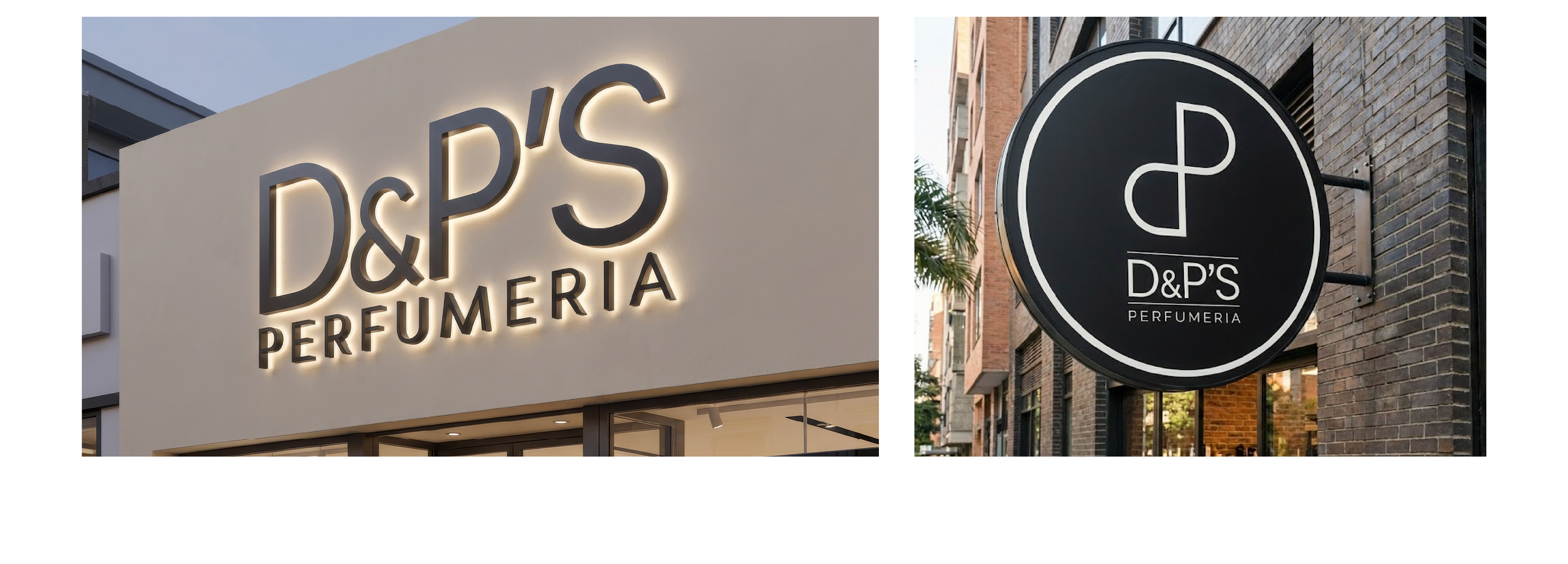 Lighted exterior wall sign and black circular hanging sign for D&P'S Perfumeria store.