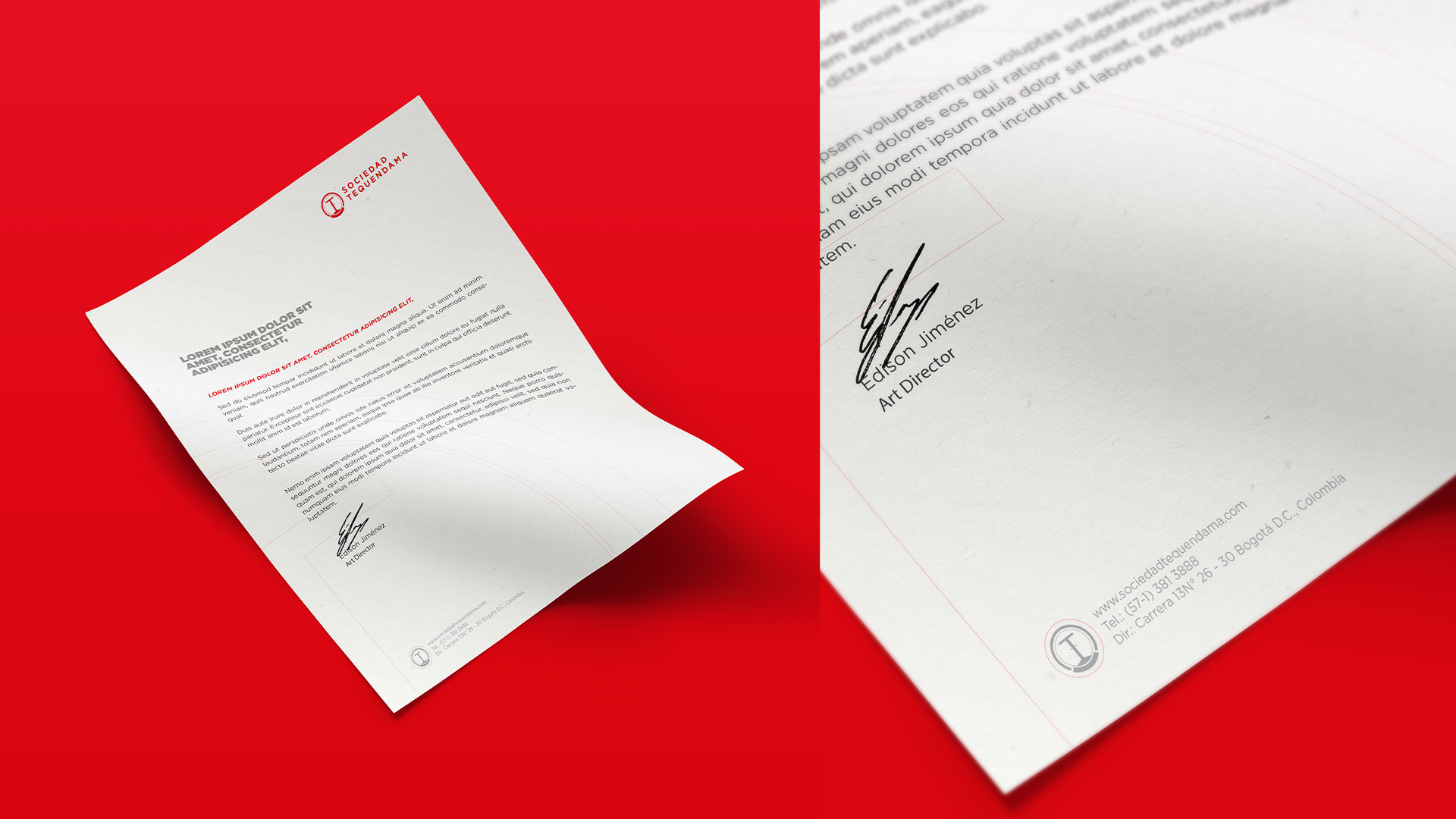 Letterhead on red background with Sociedad Tequendama logo, text, signature, and contact details.