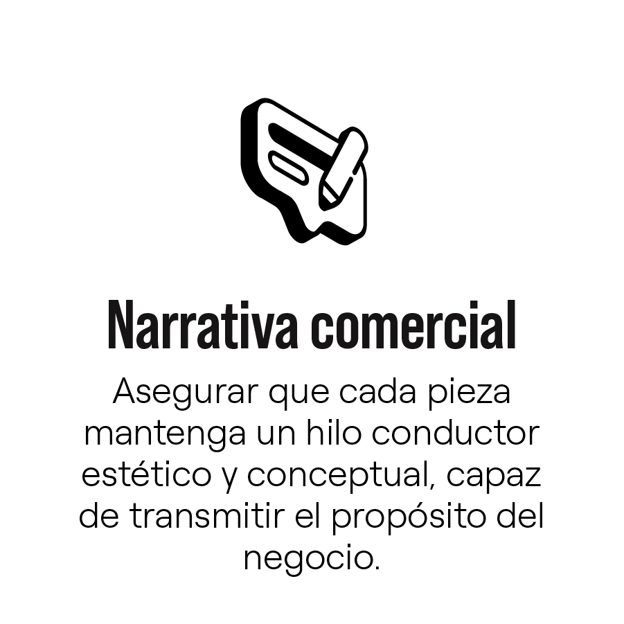 Icon of speech bubble with pencil above Spanish text on maintaining a consistent commercial narrative.