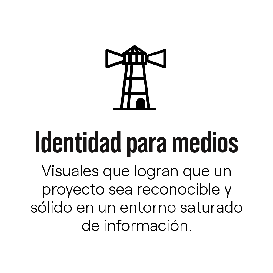 Black lighthouse icon above Spanish text about media identity and visual recognition in saturated environments.