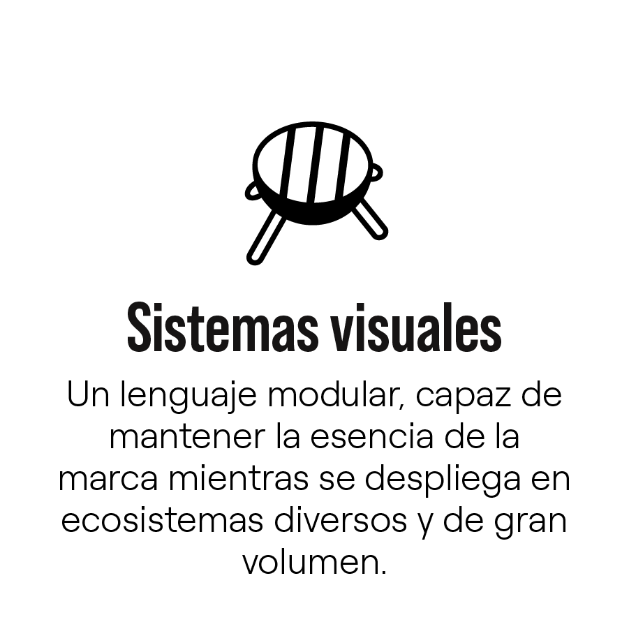 Icon of a round grill above Spanish text about visual systems as a modular brand language.