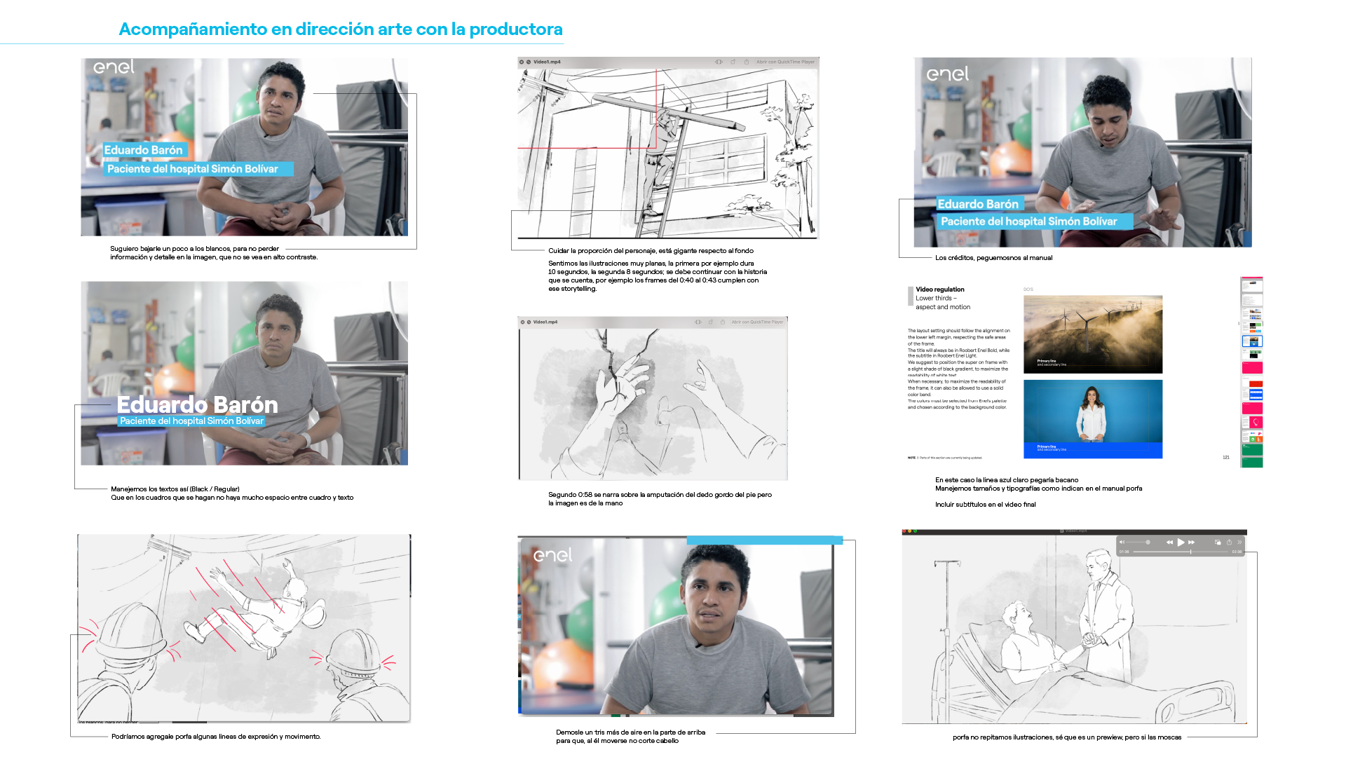 Storyboard with photos and sketches showing Eduardo Barón, a hospital patient, in various scenes and notes.