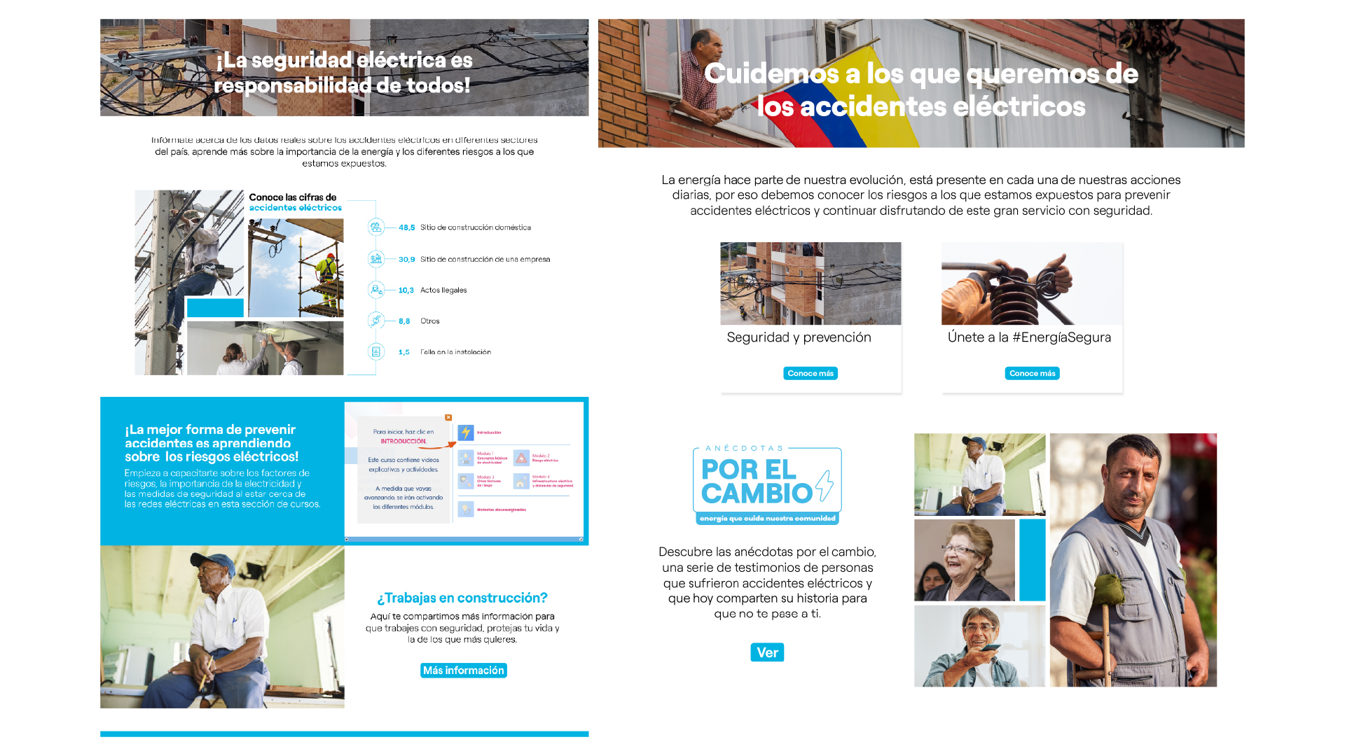 Safety awareness poster about electrical accident risks in construction and domestic settings in Spanish.