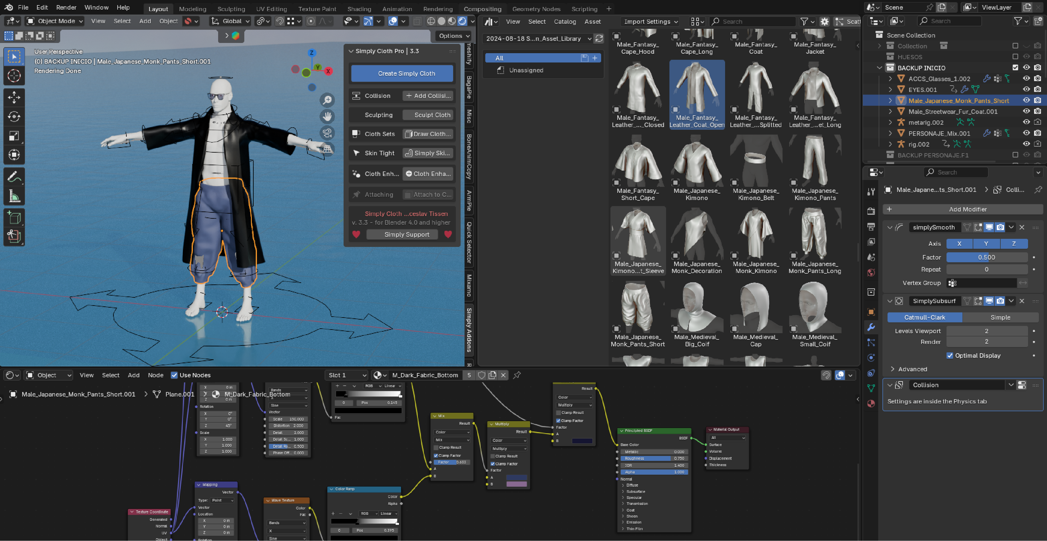 3D modeling software interface showing a humanoid character with a black coat and blue pants in a T-pose.